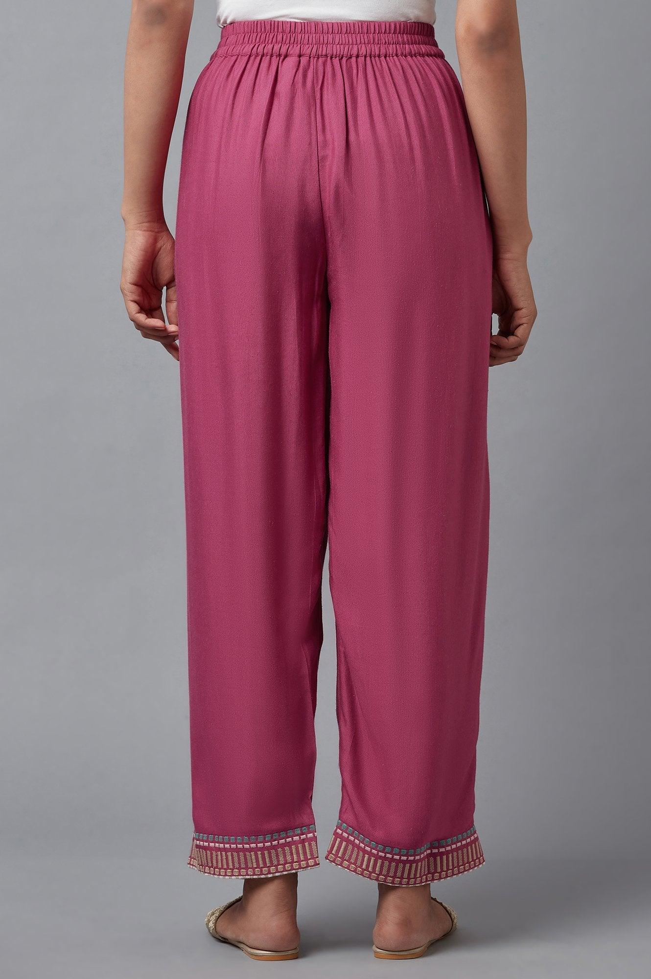 Pink Solid Slim Pants With Embroidery - Image 2