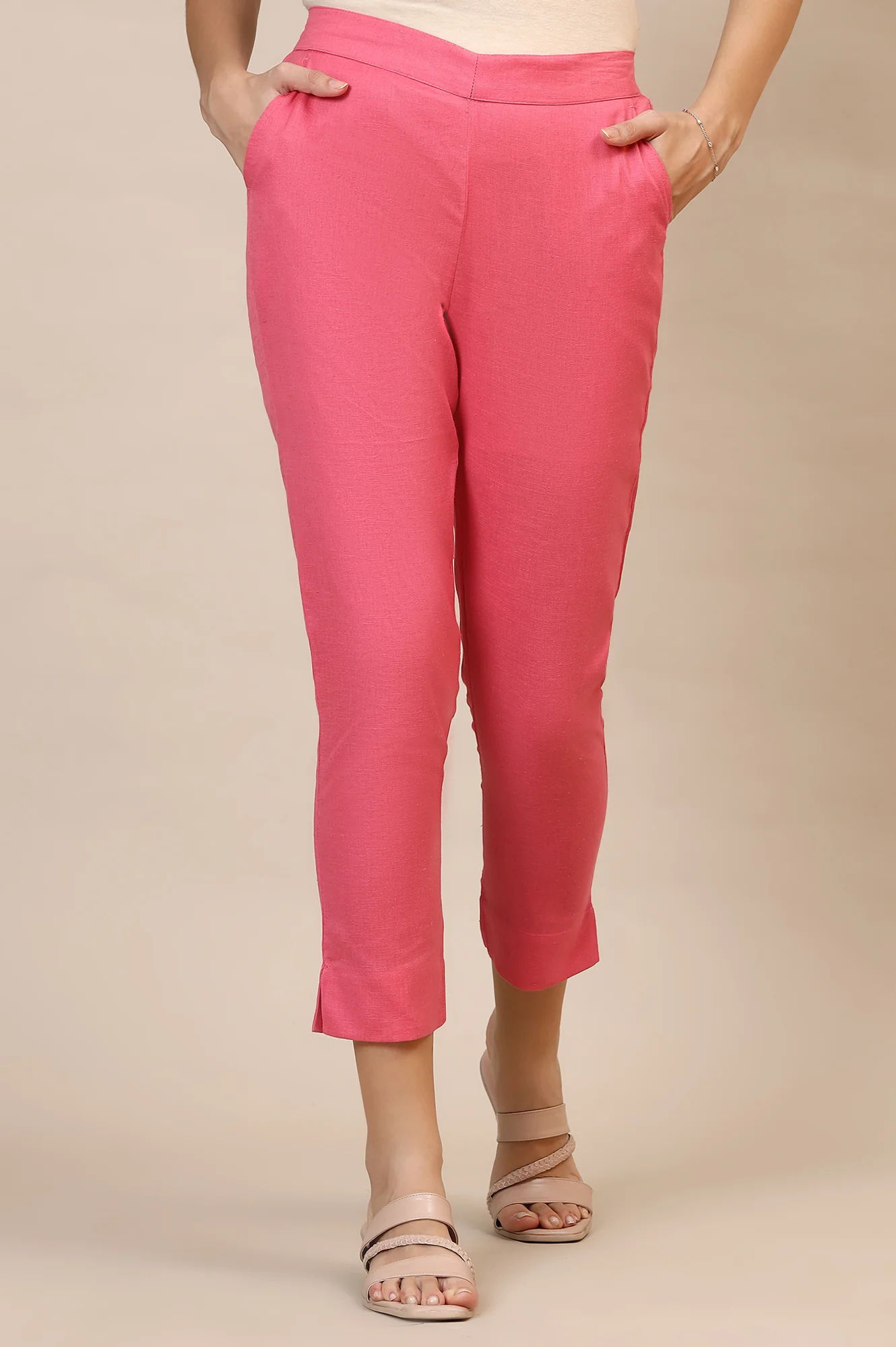 Elleven Women's Pink Solid Straight Fit Cotton Trousers With Elasticated Waist