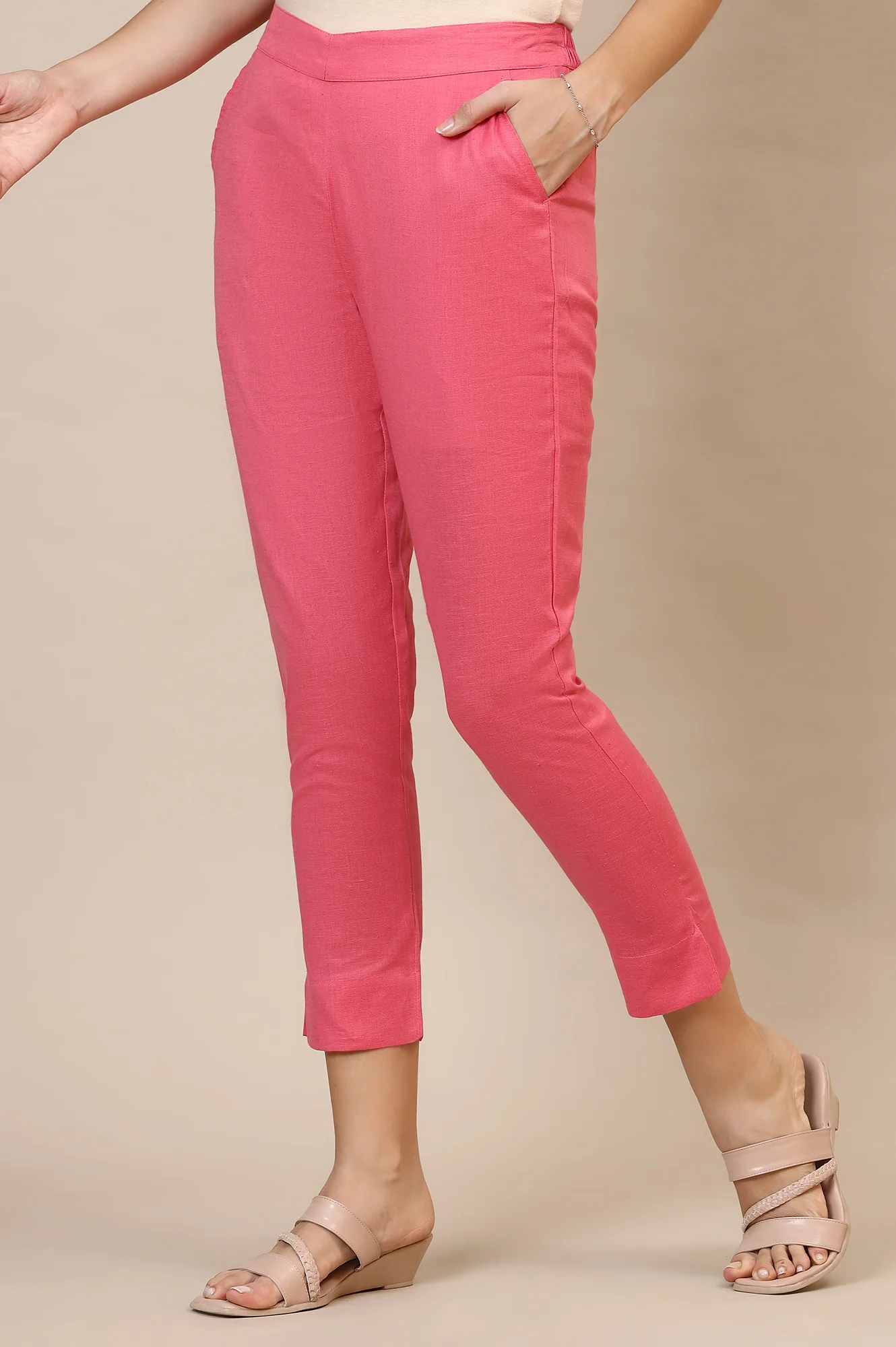Elleven Women's Pink Solid Straight Fit Cotton Trousers With Elasticated Waist - Image 2