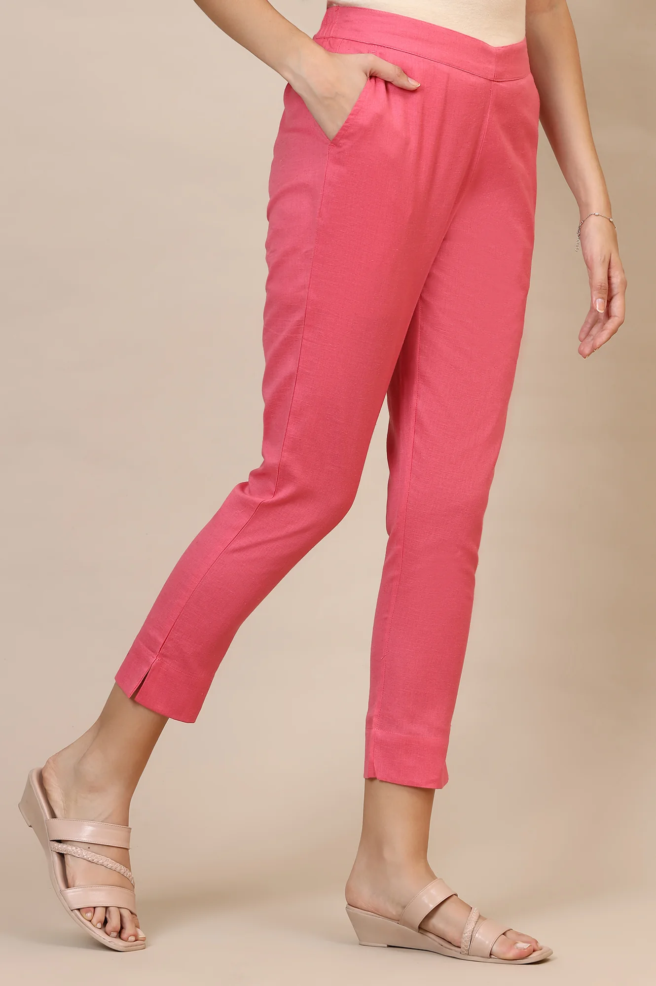 Elleven Women's Pink Solid Straight Fit Cotton Trousers With Elasticated Waist - Image 4