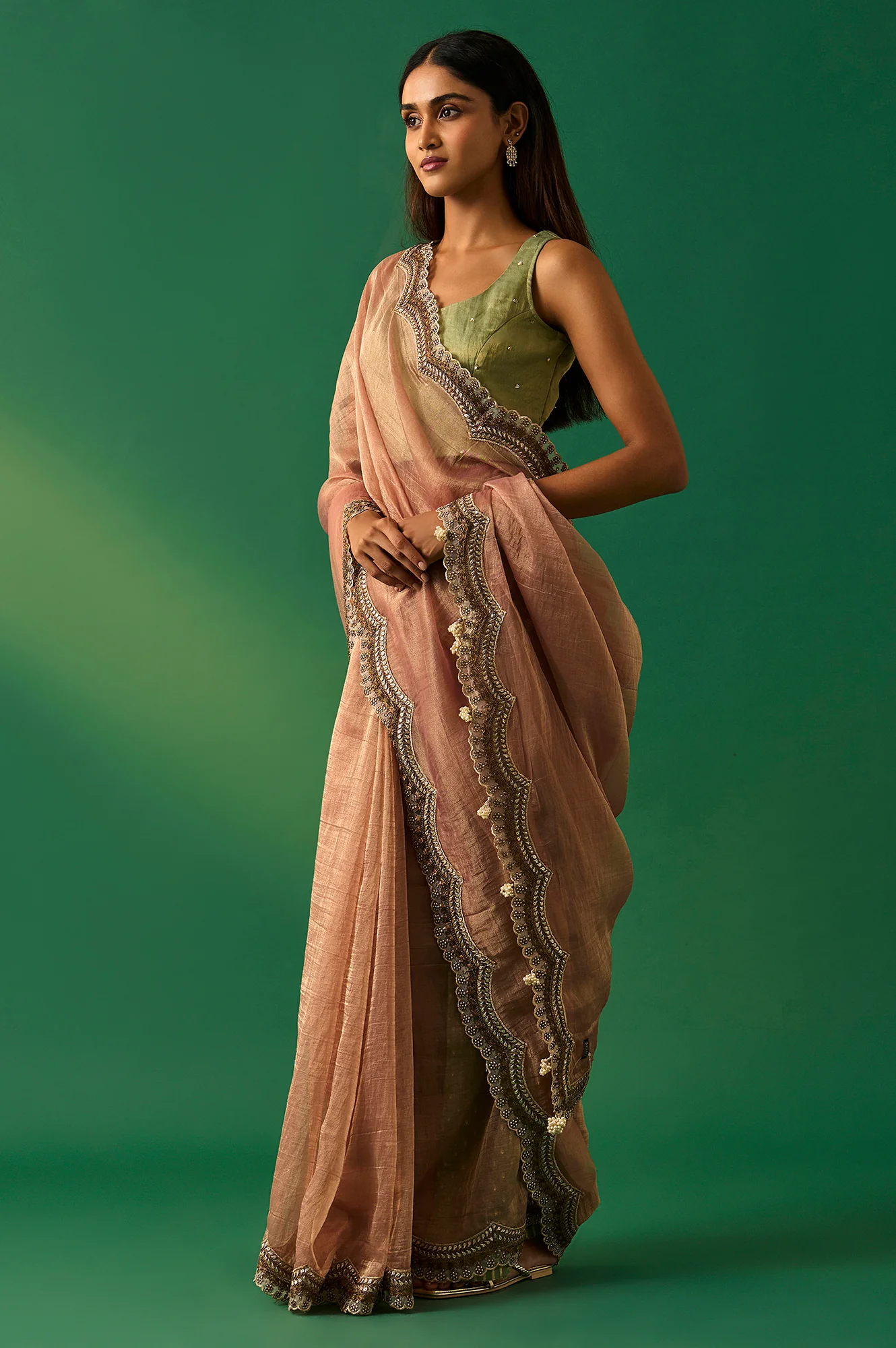 Pink Solid Zari Work Tissue Saree with Unstitched Blouse - Image 3