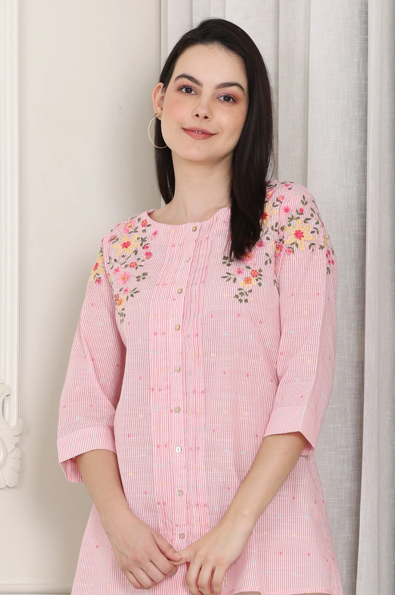 Pink Stripe Printed Thread Embroidered Pure Cotton Regular Fit Top