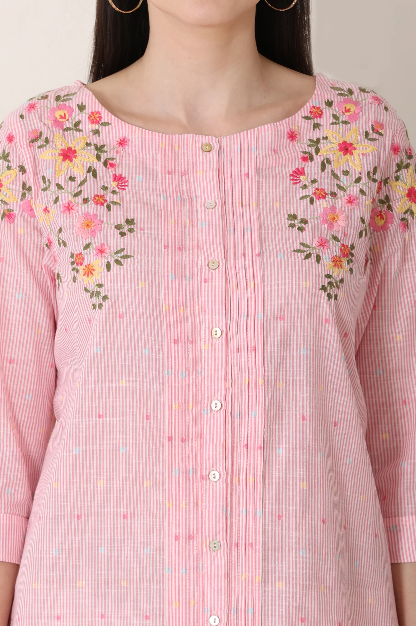 Pink Stripe Printed Thread Embroidered Pure Cotton Regular Fit Top - Image 3