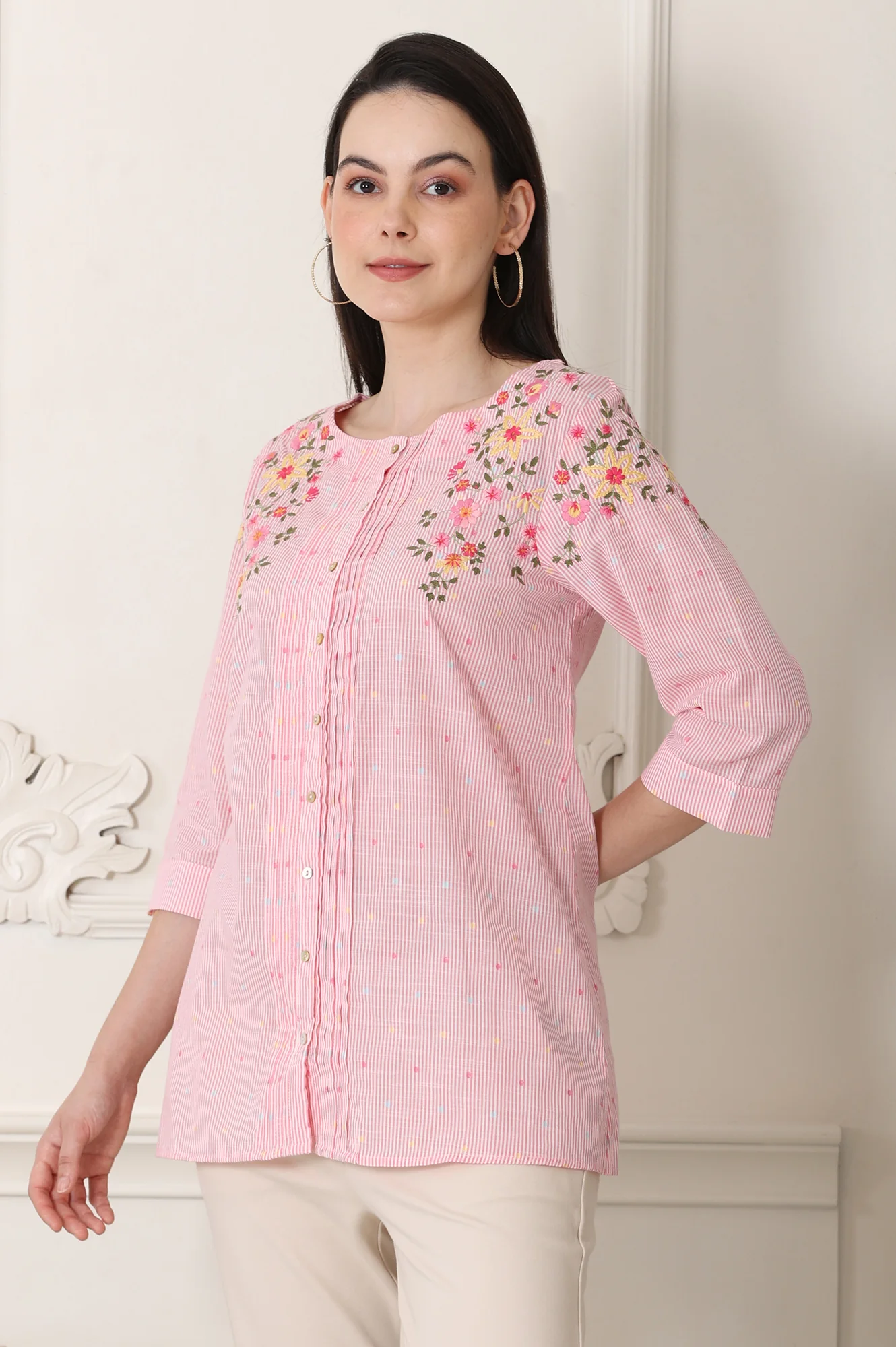 Pink Stripe Printed Thread Embroidered Pure Cotton Regular Fit Top - Image 4