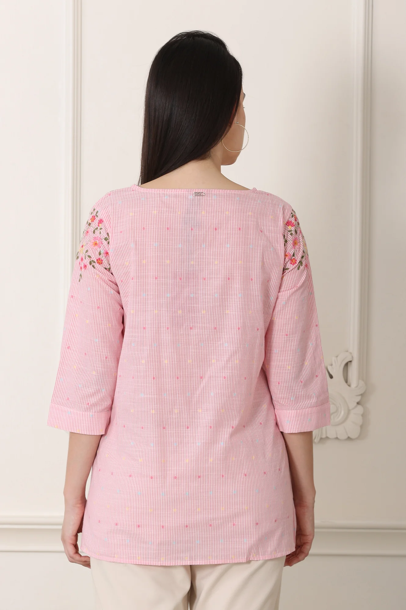 Pink Stripe Printed Thread Embroidered Pure Cotton Regular Fit Top - Image 5