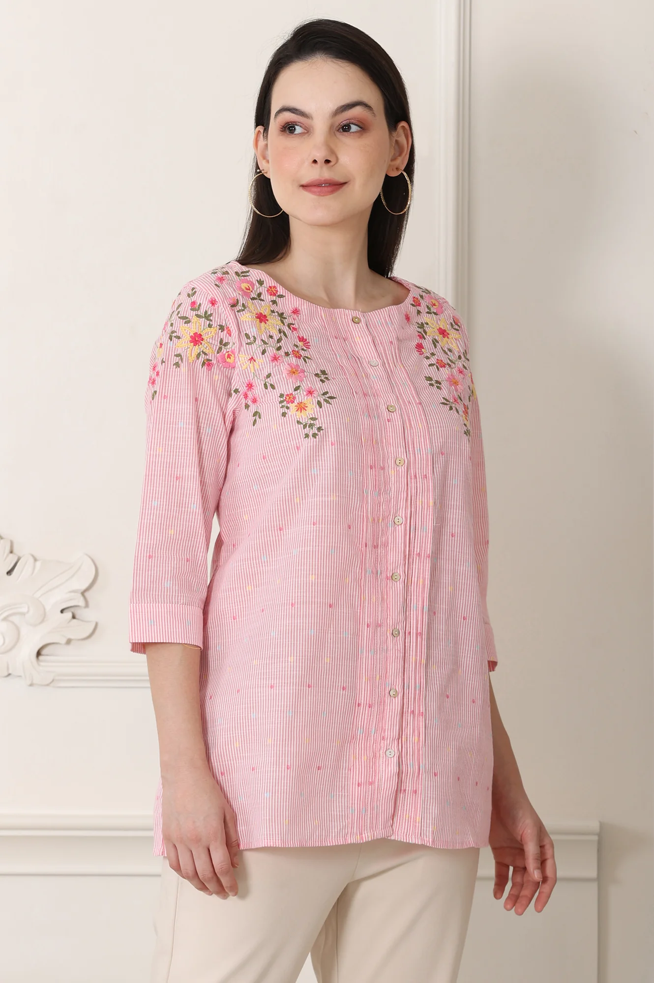 Pink Stripe Printed Thread Embroidered Pure Cotton Regular Fit Top - Image 6