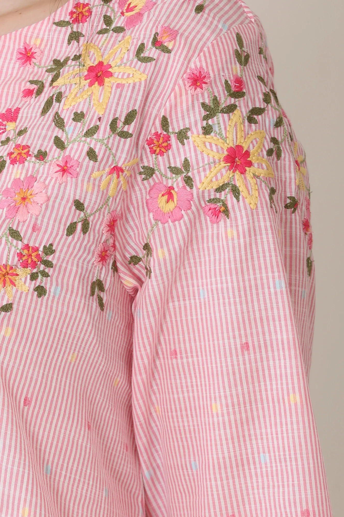 Pink Stripe Printed Thread Embroidered Pure Cotton Regular Fit Top - Image 8