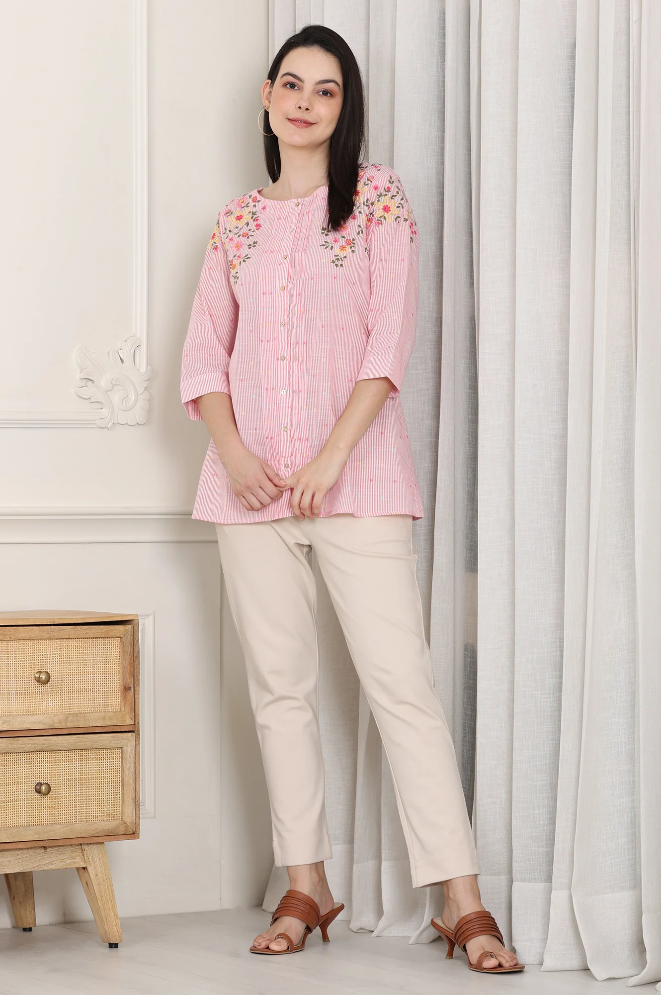 Pink Stripe Printed Thread Embroidered Pure Cotton Regular Fit Top - Image 9