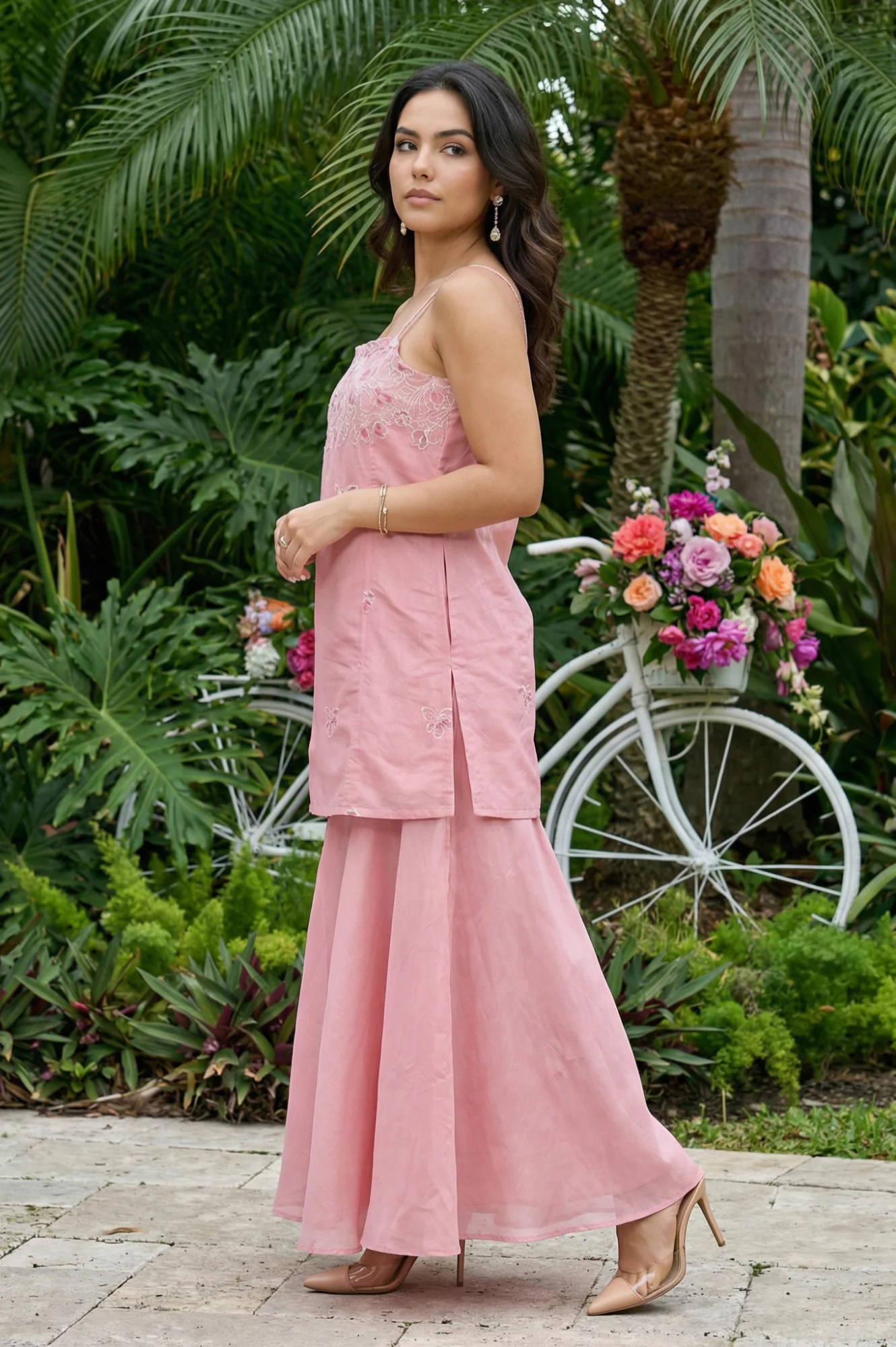 Pink Thread Embroidered Chanderi Noodle Straps Straight Kurta with Sharara and Dupatta Set - Image 4