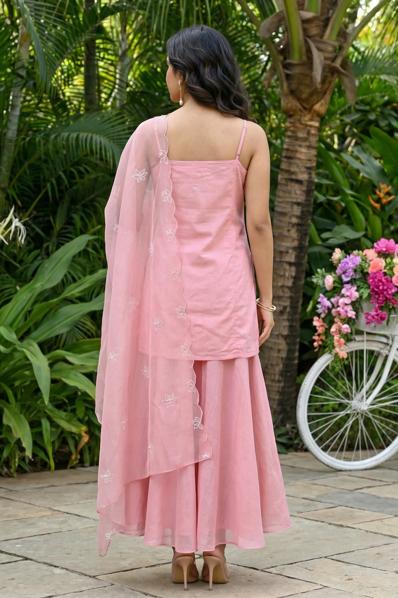 Pink Thread Embroidered Chanderi Noodle Straps Straight Kurta with Sharara and Dupatta Set - Image 5