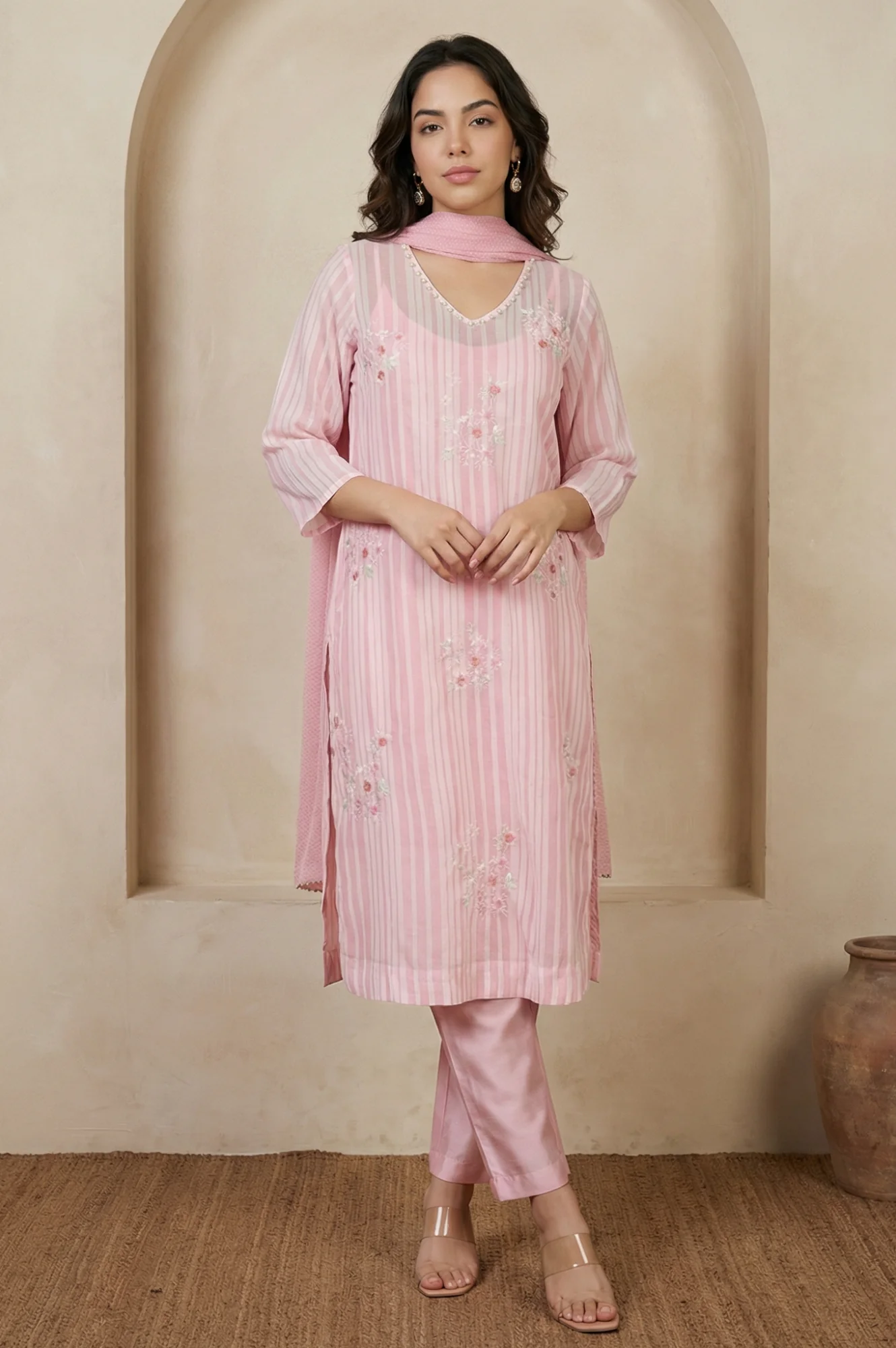 Pink Thread Embroidered Striped Organza Straight Kurta with Straight Pants and Dupatta Set