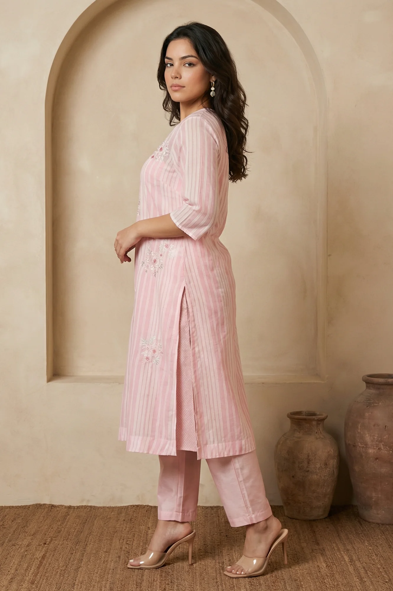 Pink Thread Embroidered Striped Organza Straight Kurta with Straight Pants and Dupatta Set - Image 3