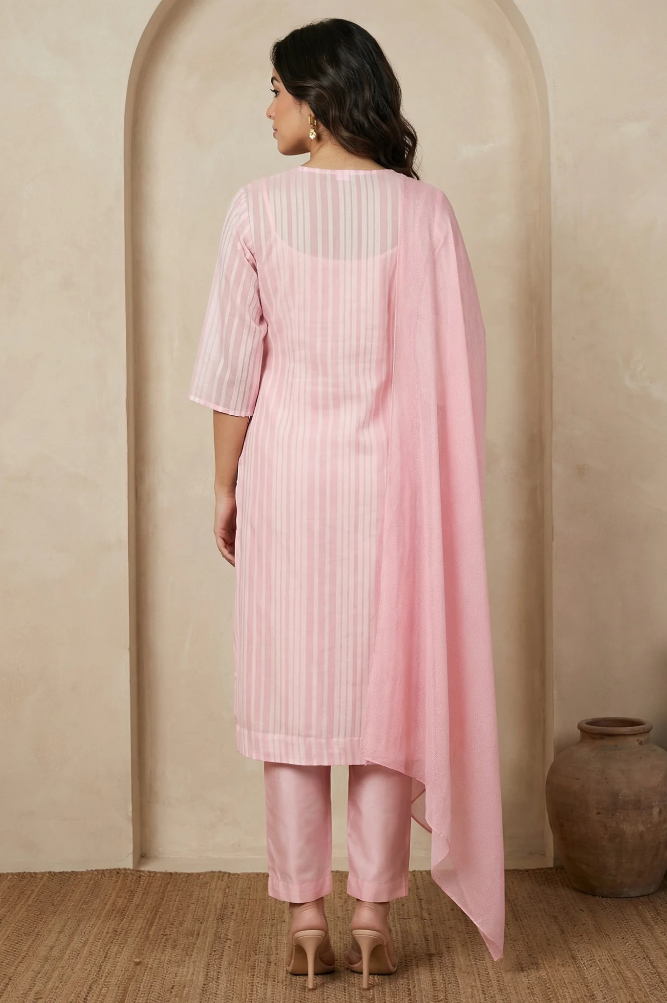 Pink Thread Embroidered Striped Organza Straight Kurta with Straight Pants and Dupatta Set - Image 4