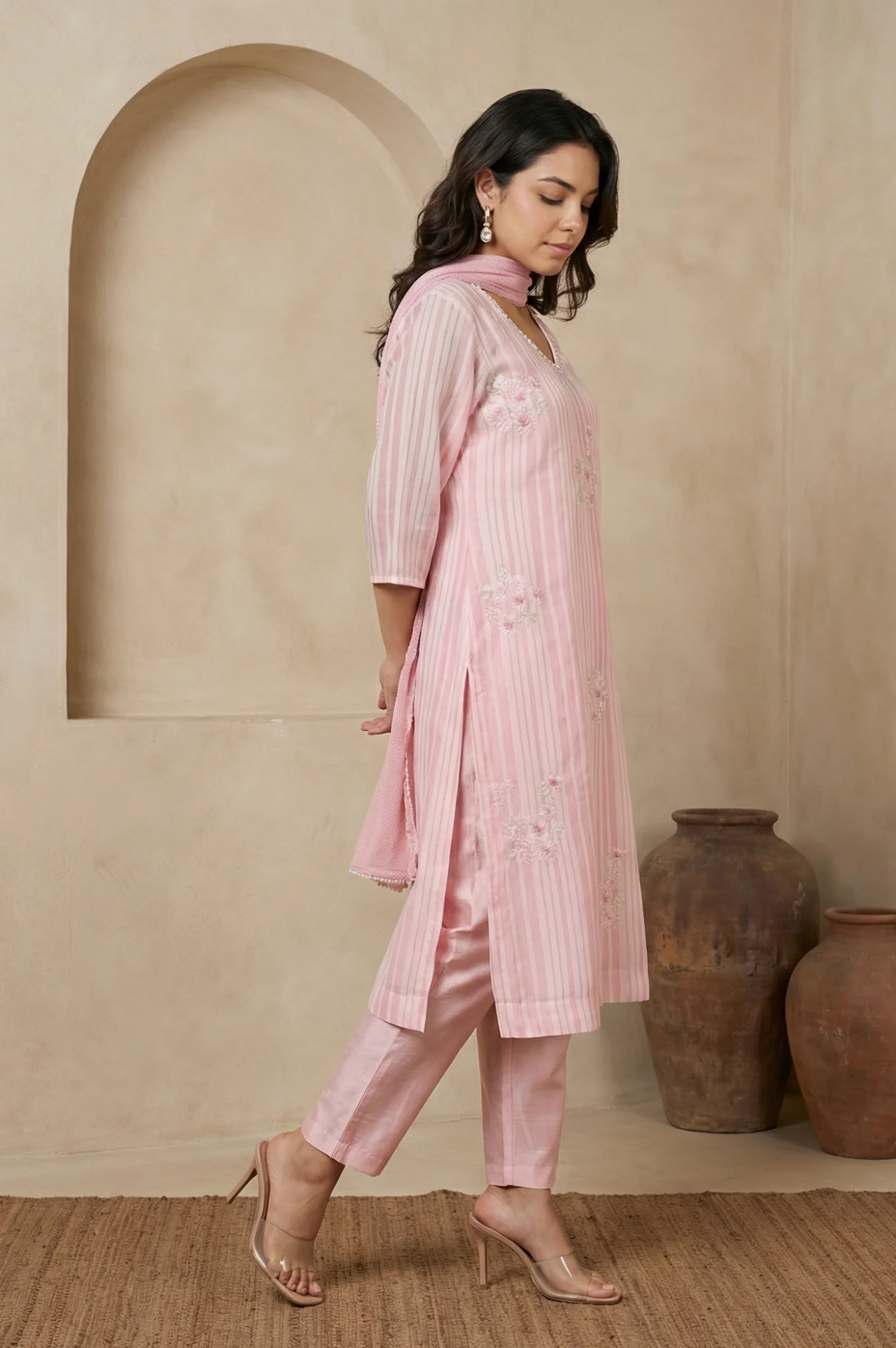 Pink Thread Embroidered Striped Organza Straight Kurta with Straight Pants and Dupatta Set - Image 5