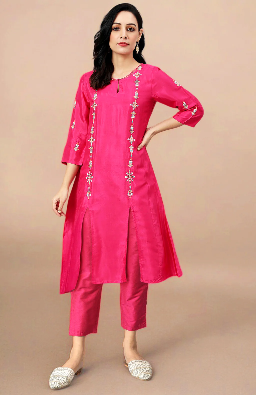 Pink Thread Embroidery Straight Kurta and Slim Pant Set - Image 2