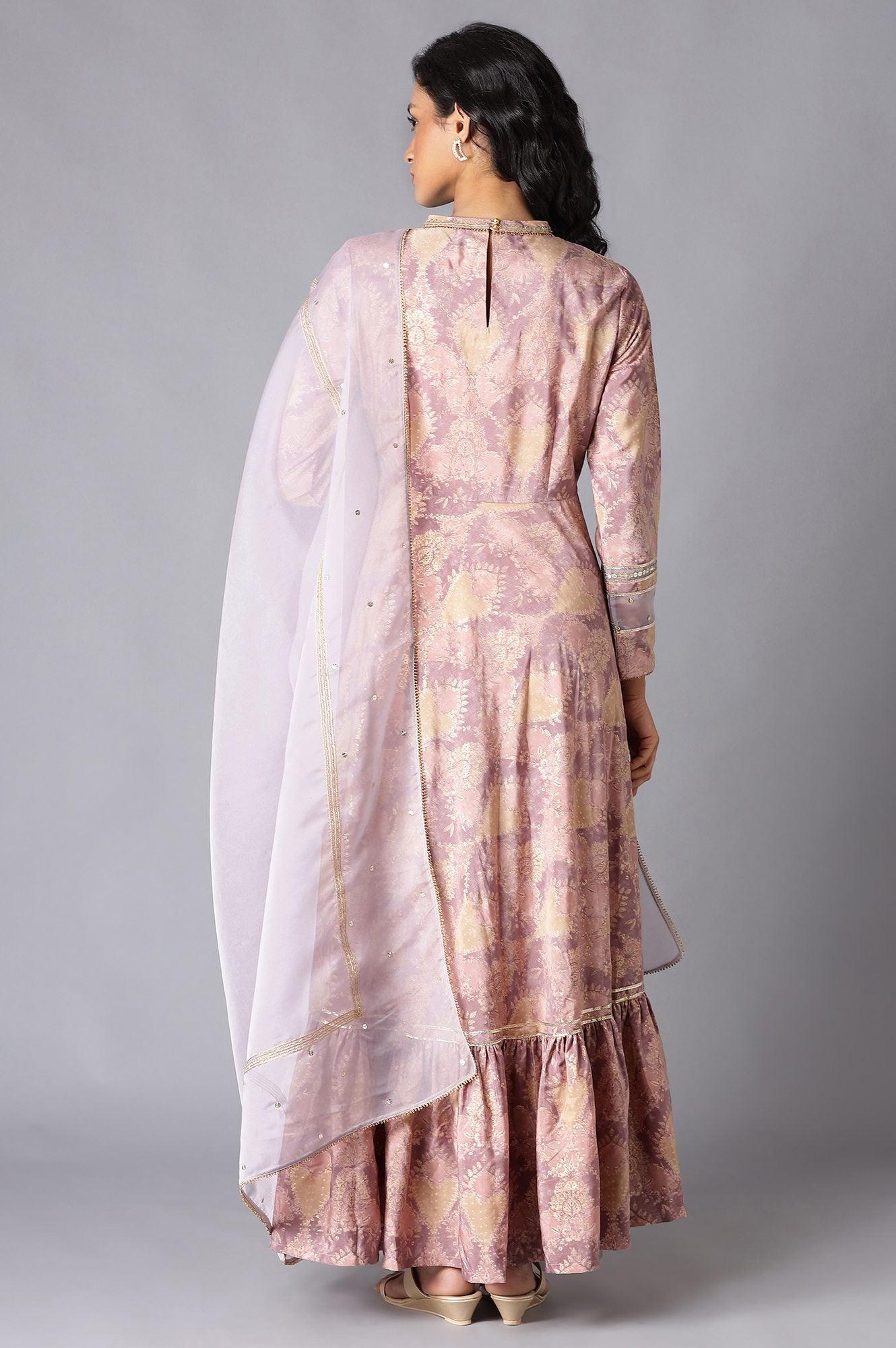 Pink Tiered Round Neck Dress With Organza Dupatta - Image 2