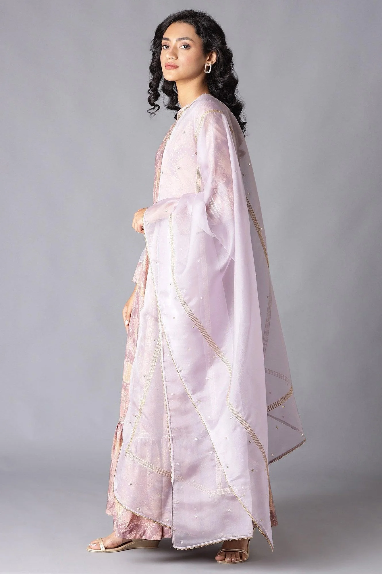 Pink Tiered Round Neck Dress With Organza Dupatta - Image 3