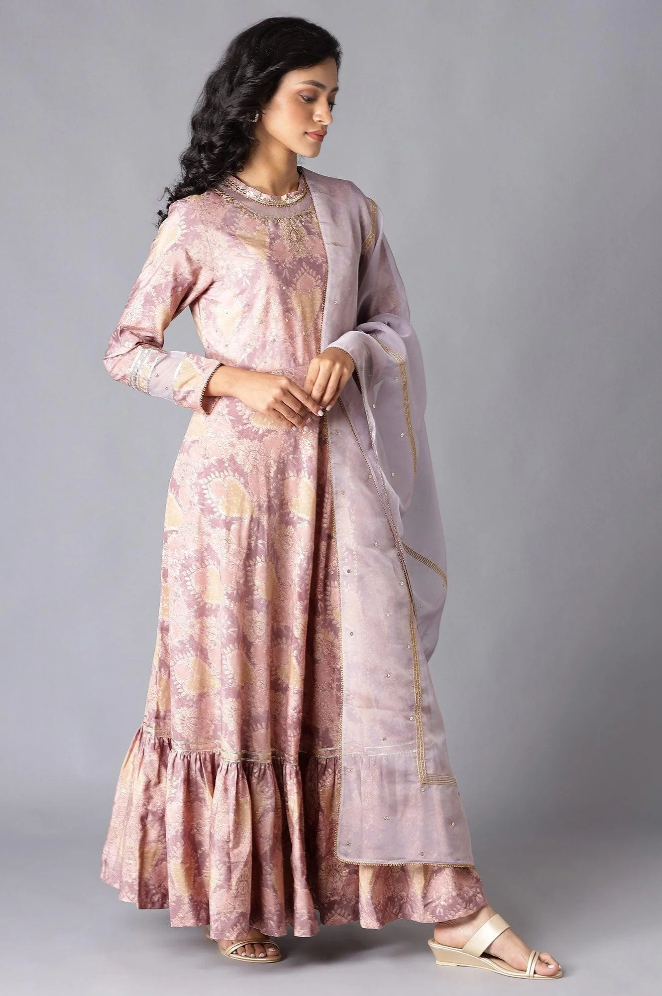 Pink Tiered Round Neck Dress With Organza Dupatta - Image 4