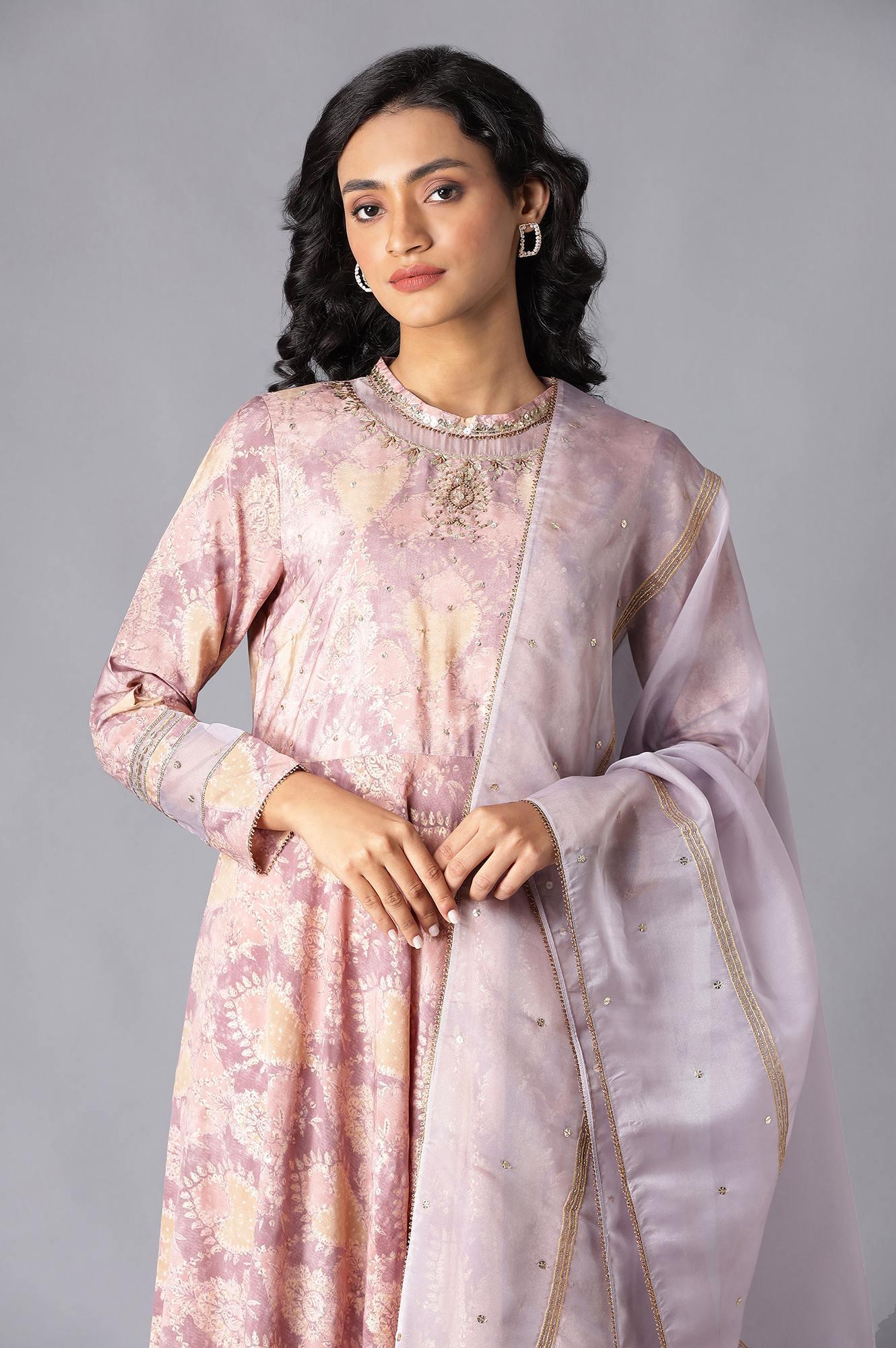 Pink Tiered Round Neck Dress With Organza Dupatta - Image 5
