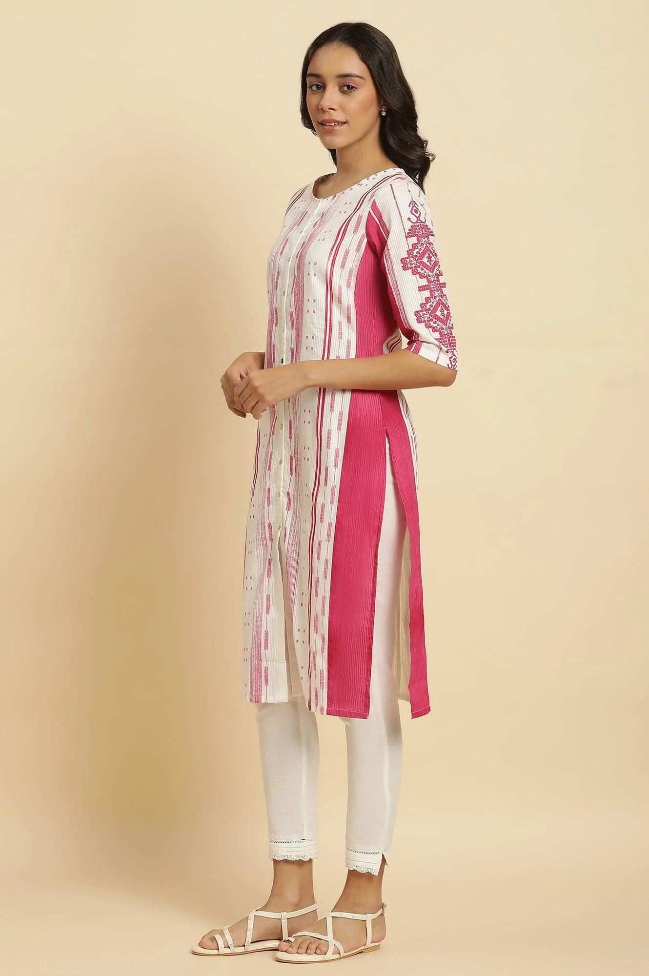 Pink & White Kantha Printed Kurta - Image 2