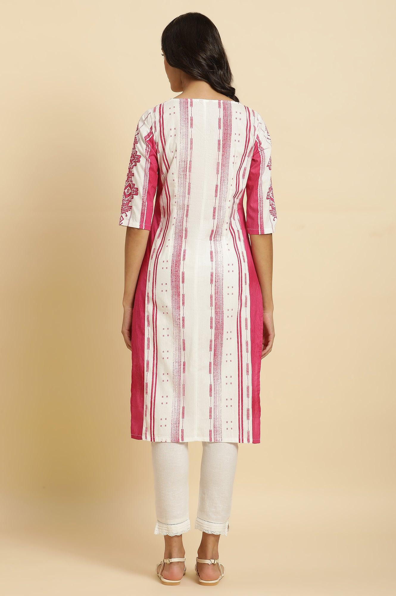 Pink & White Kantha Printed Kurta - Image 3