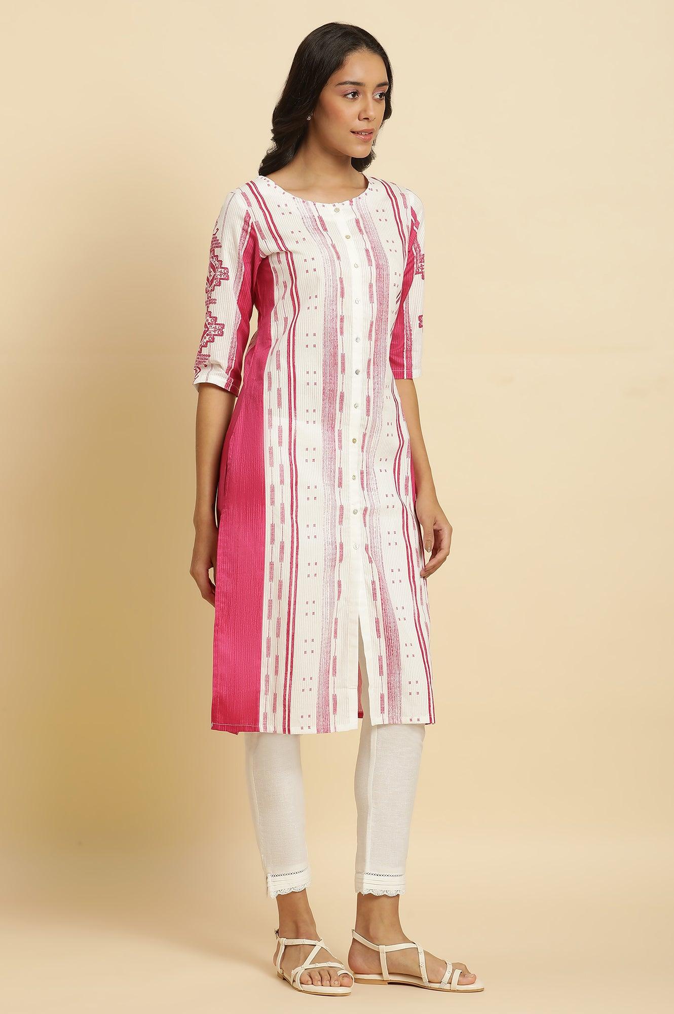 Pink & White Kantha Printed Kurta - Image 4