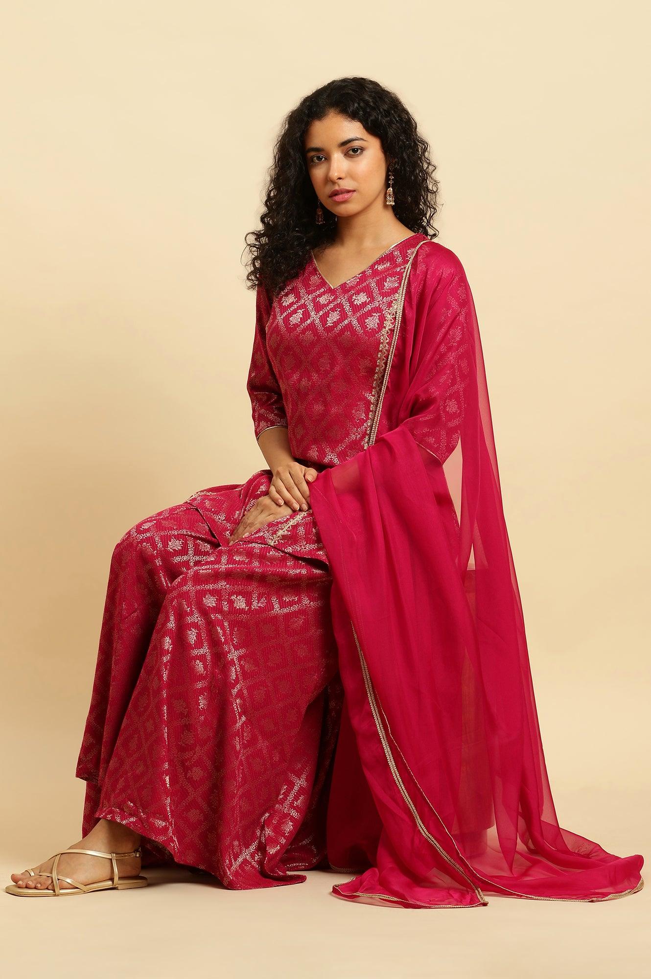 Pink Zari Embellished Short Kurta, Flared Pants And Dupatta Set - Image 3