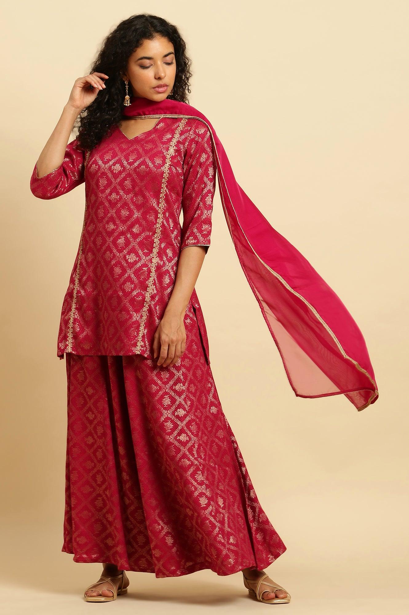 Pink Zari Embellished Short Kurta, Flared Pants And Dupatta Set - Image 4