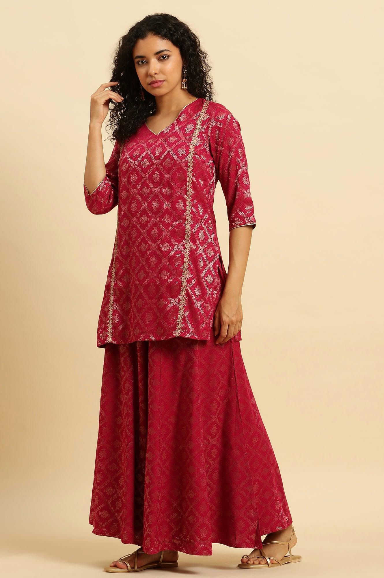 Pink Zari Embellished Short Kurta, Flared Pants And Dupatta Set - Image 7