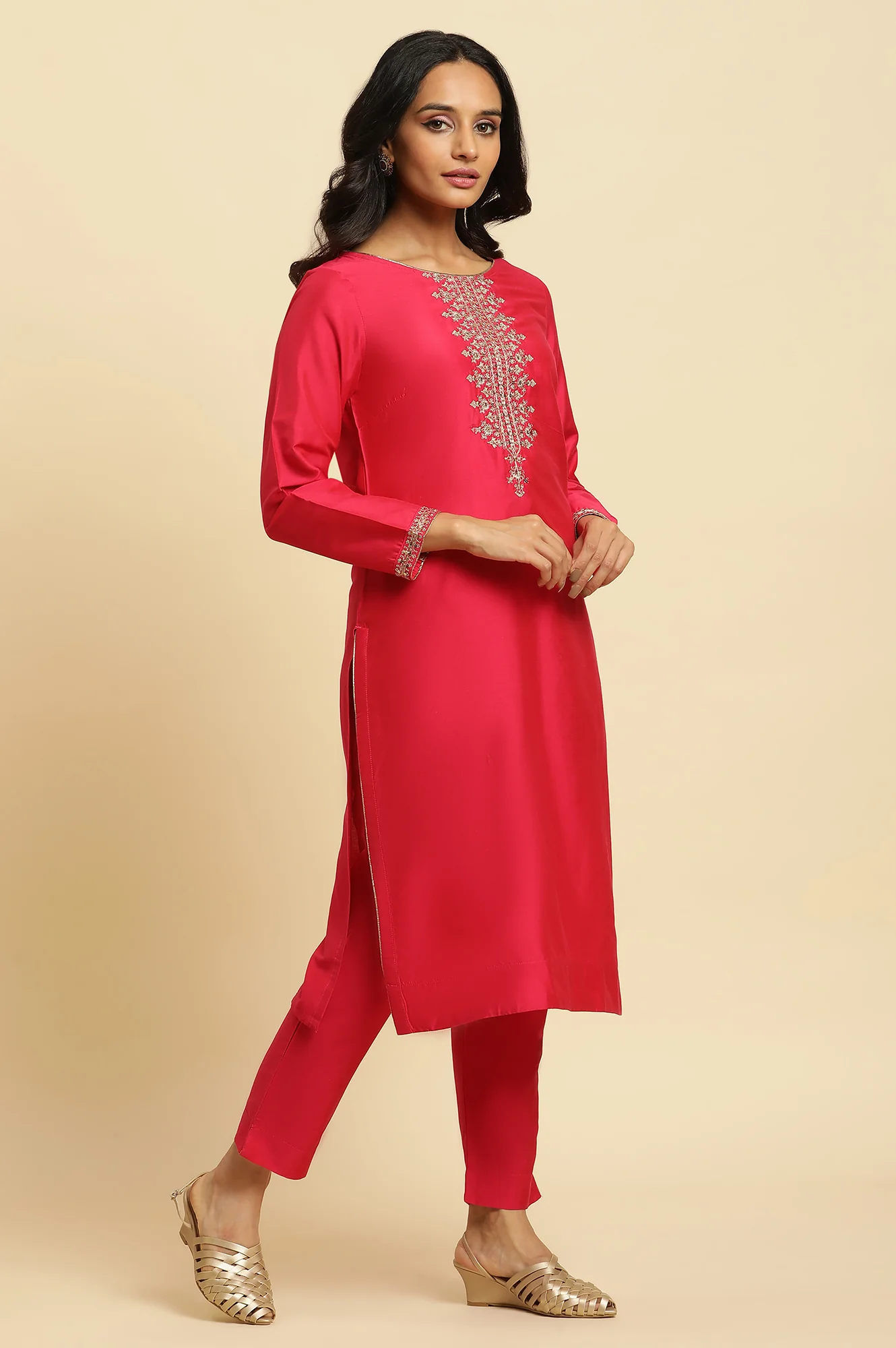 Pink Zari Embroidered Straight Kurta, Pant And Dupatta Set - Image 3