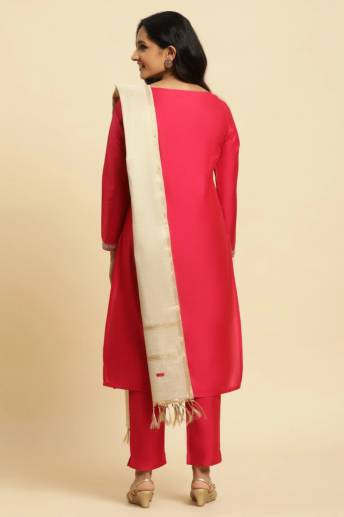Pink Zari Embroidered Straight Kurta, Pant And Dupatta Set - Image 4