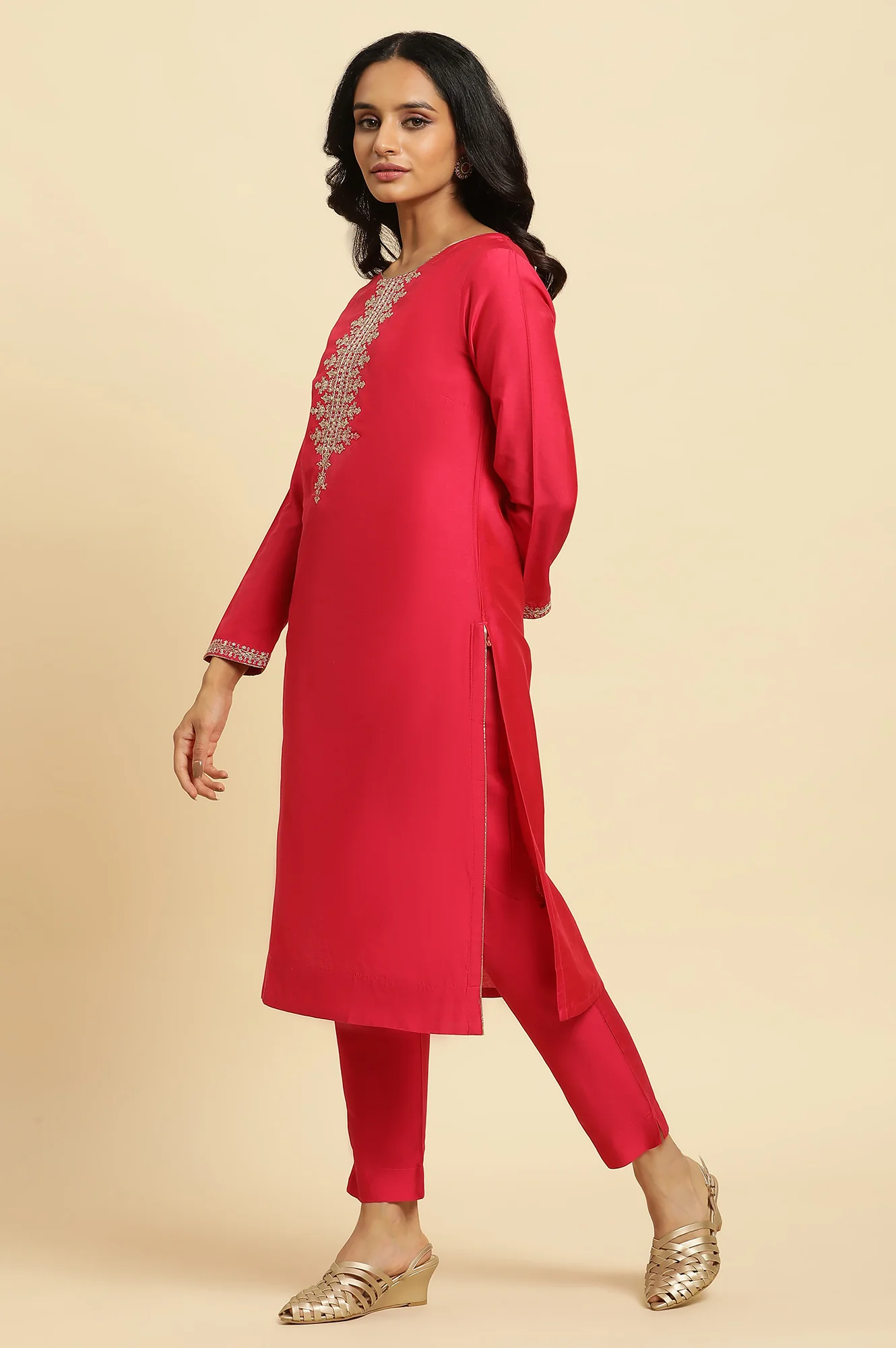 Pink Zari Embroidered Straight Kurta, Pant And Dupatta Set - Image 5