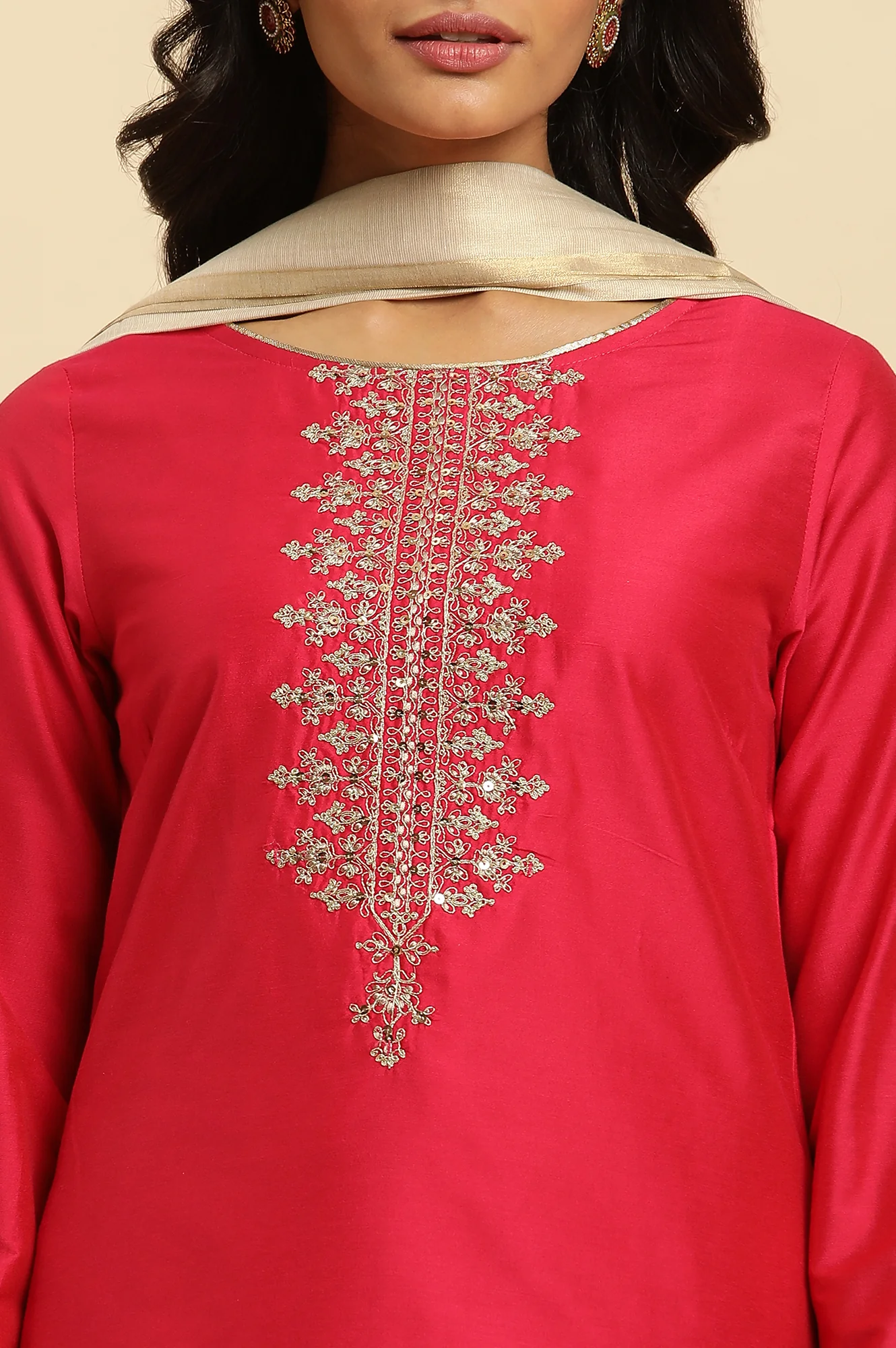 Pink Zari Embroidered Straight Kurta, Pant And Dupatta Set - Image 6