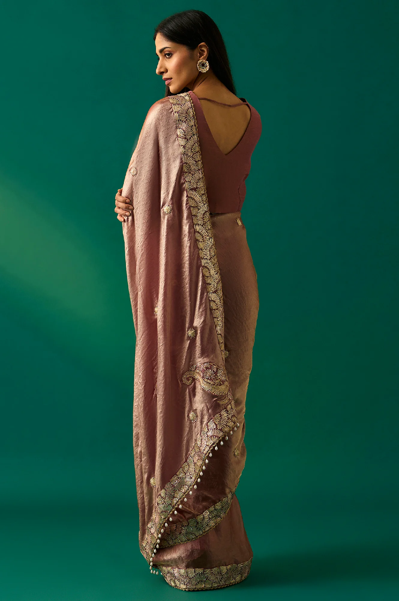 Pink Zari Embroidered Zari Work Banarasi Tissue Satin Saree with Unstitched Blouse - Image 4