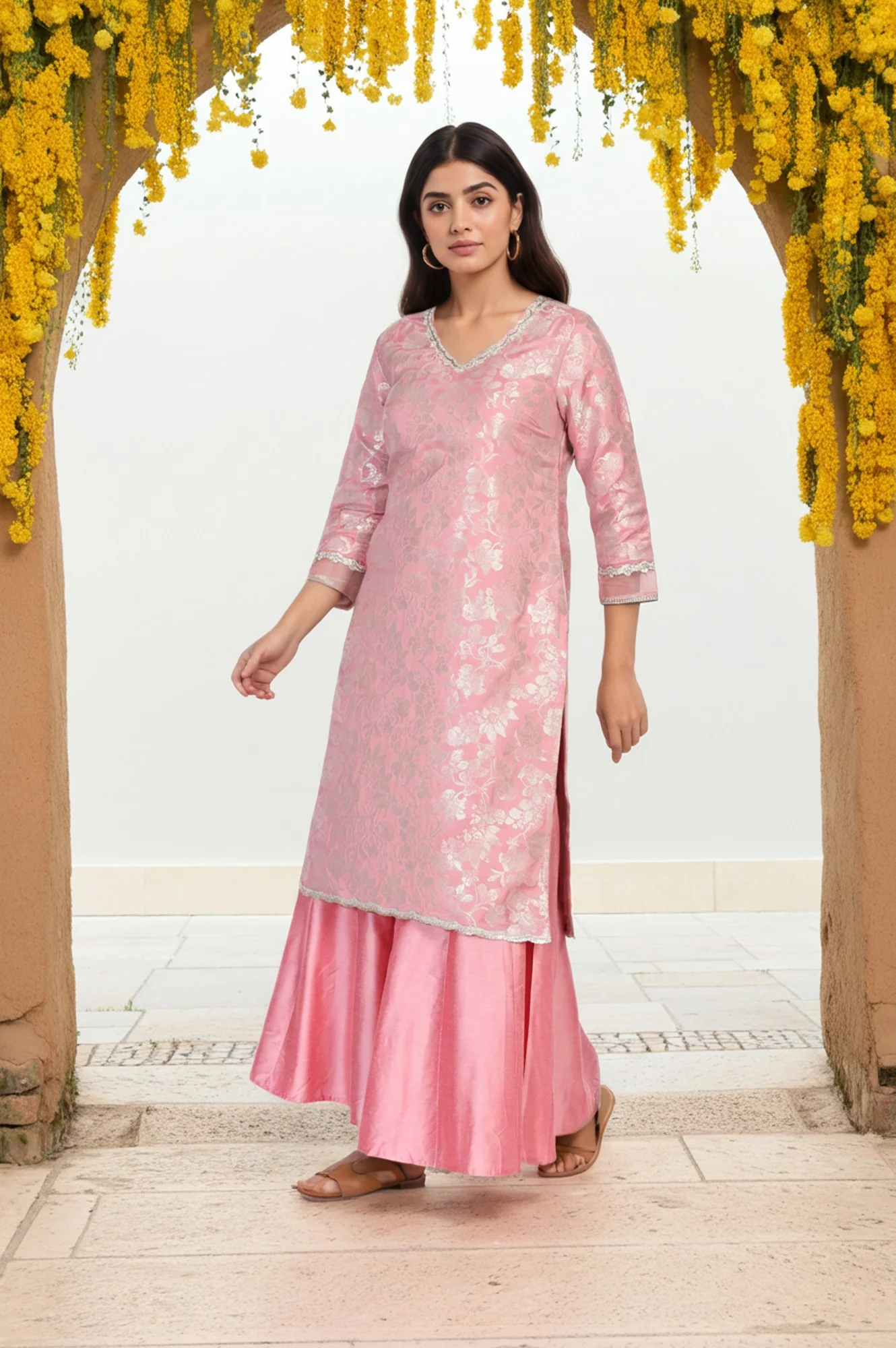 Pink Zari Jacquard Straight Kurta with Sharara and Dupatta Set - Image 7