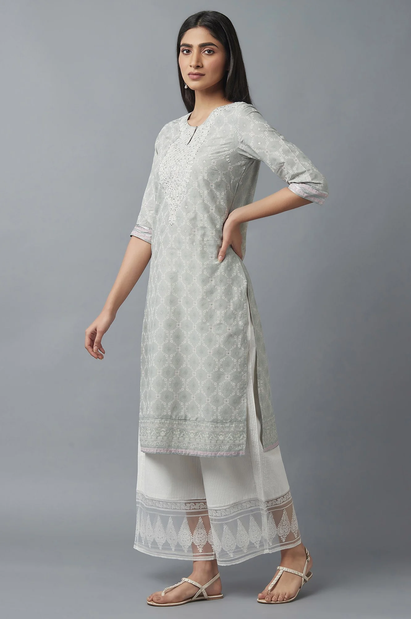 Pista Green Printed kurta with Embroidery - Image 3