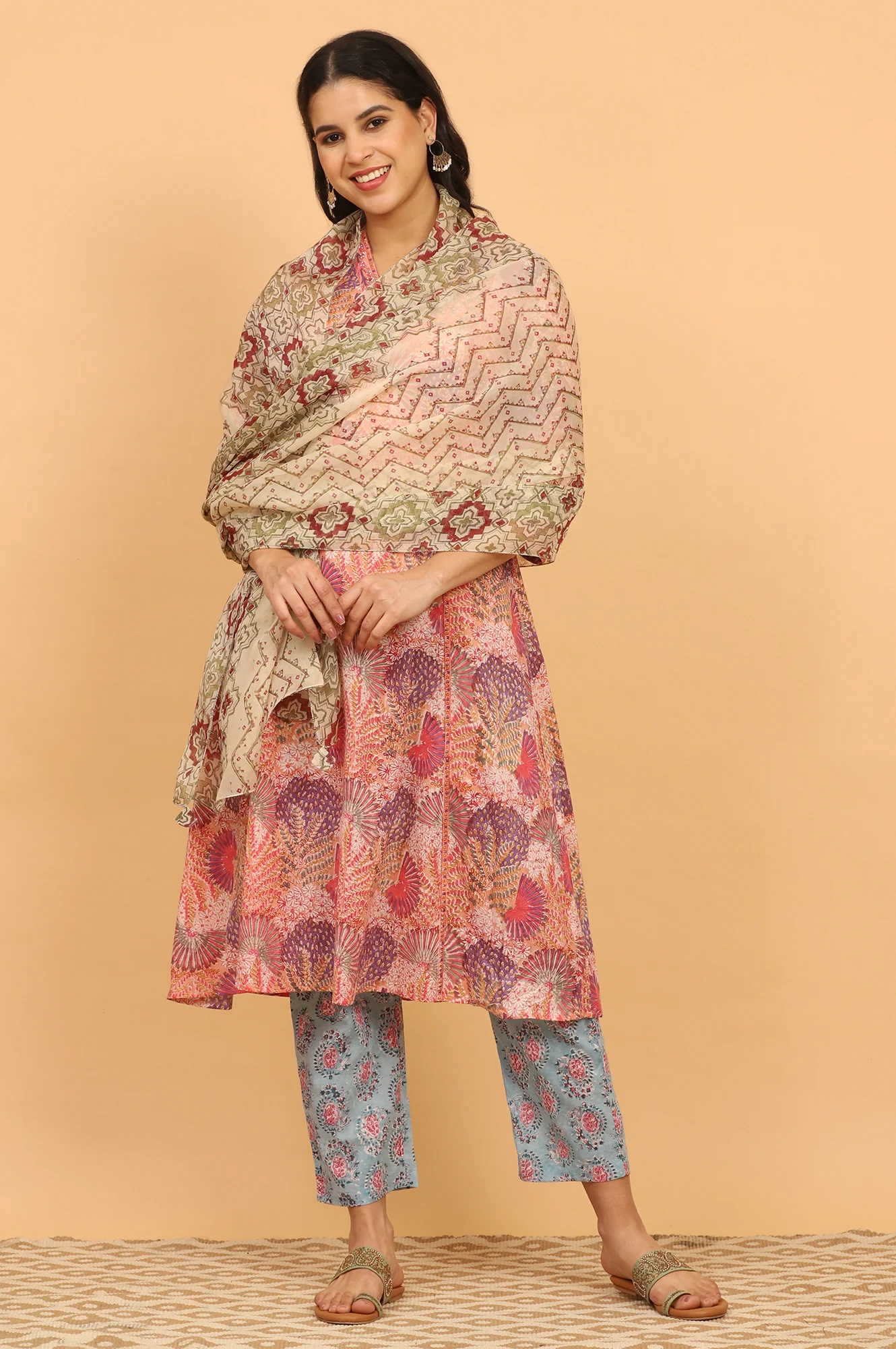 Pistachio Green Handblock Printed Organza Dupatta - Image 2