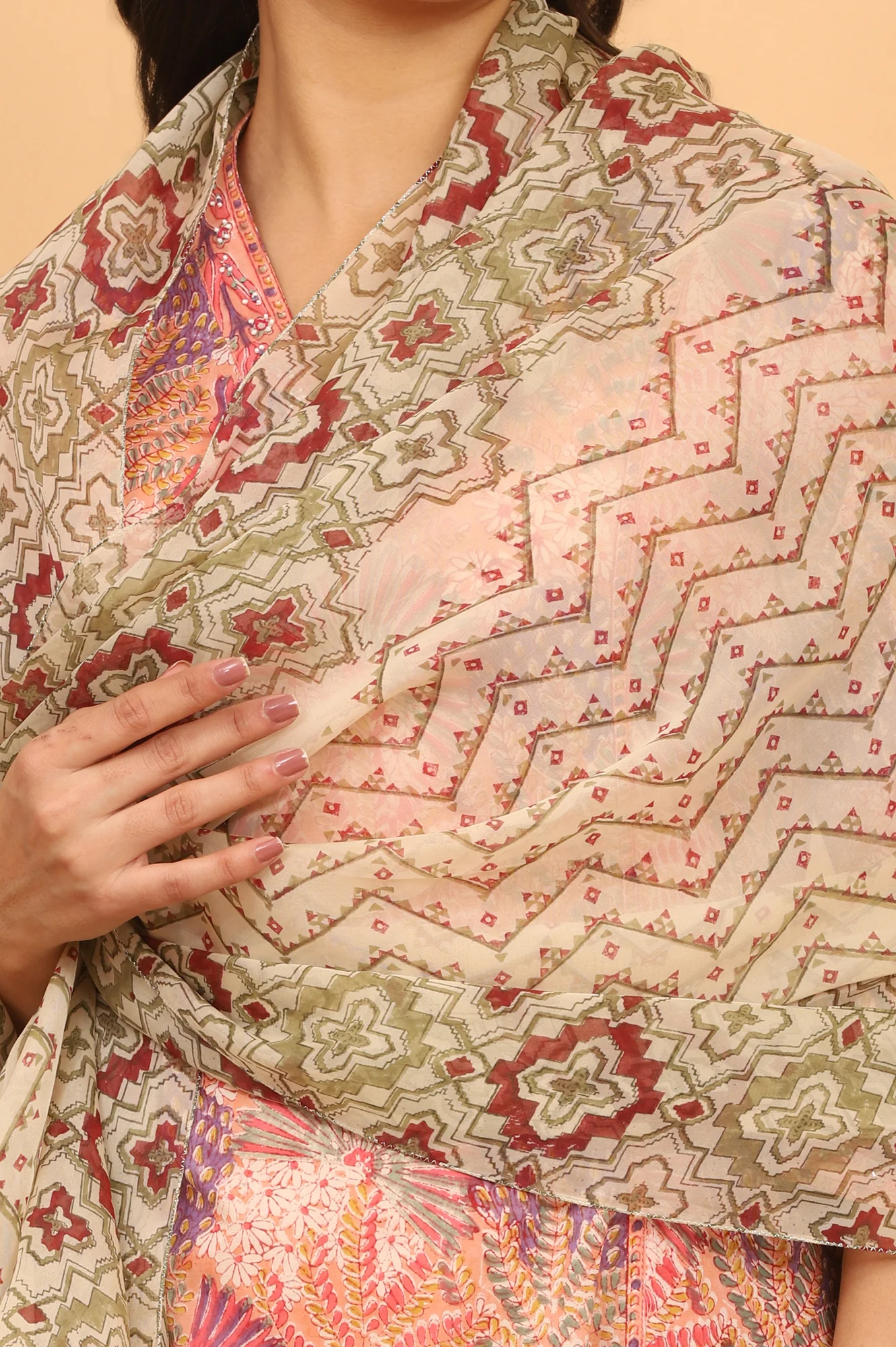 Pistachio Green Handblock Printed Organza Dupatta - Image 4