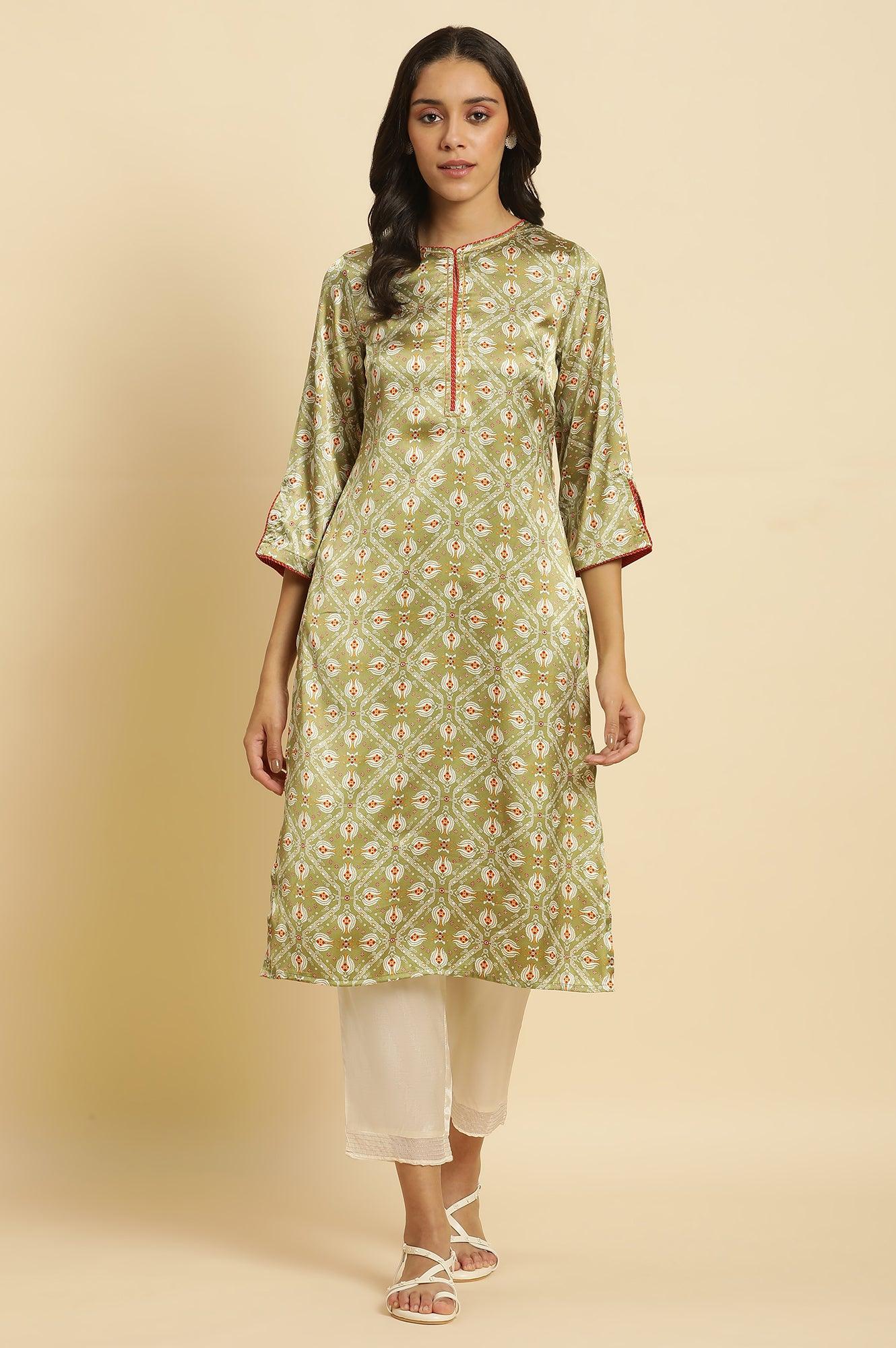 Pistachio Green Japanese Satin Festive Kurta - Image 2