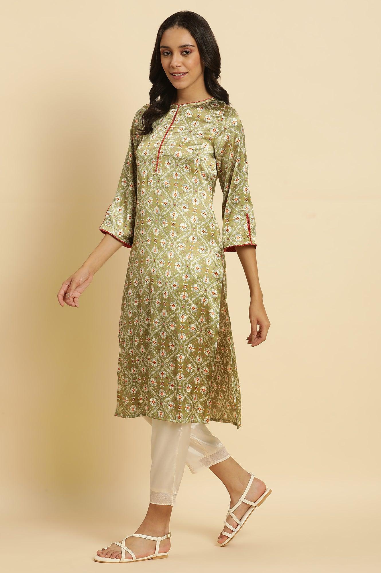 Pistachio Green Japanese Satin Festive Kurta - Image 3
