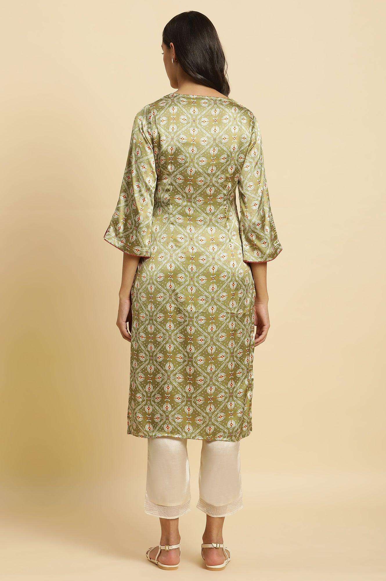 Pistachio Green Japanese Satin Festive Kurta - Image 4