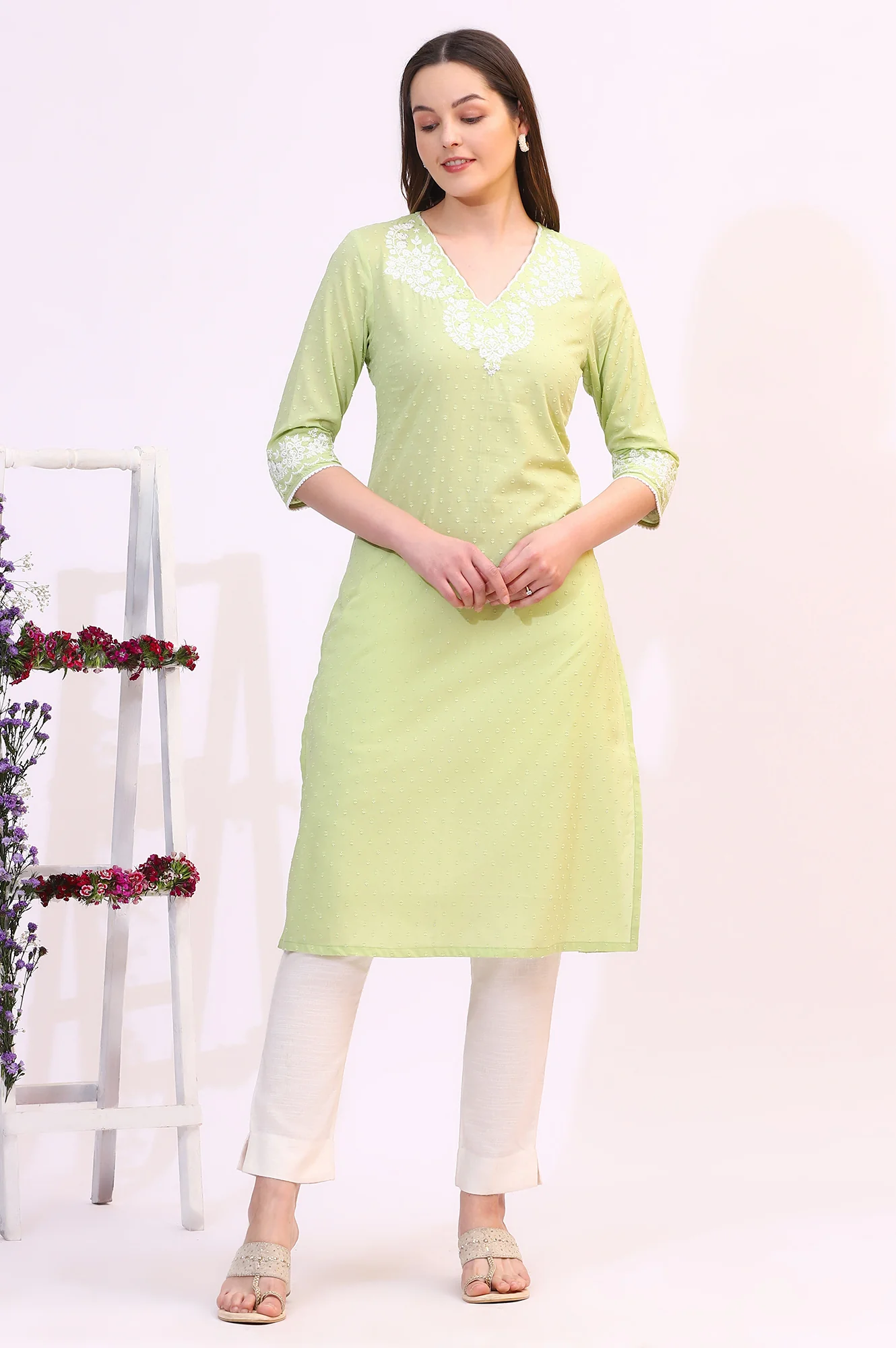 Pistachio Green Mirror Work Pure Cotton Straight Kurta - Image 3