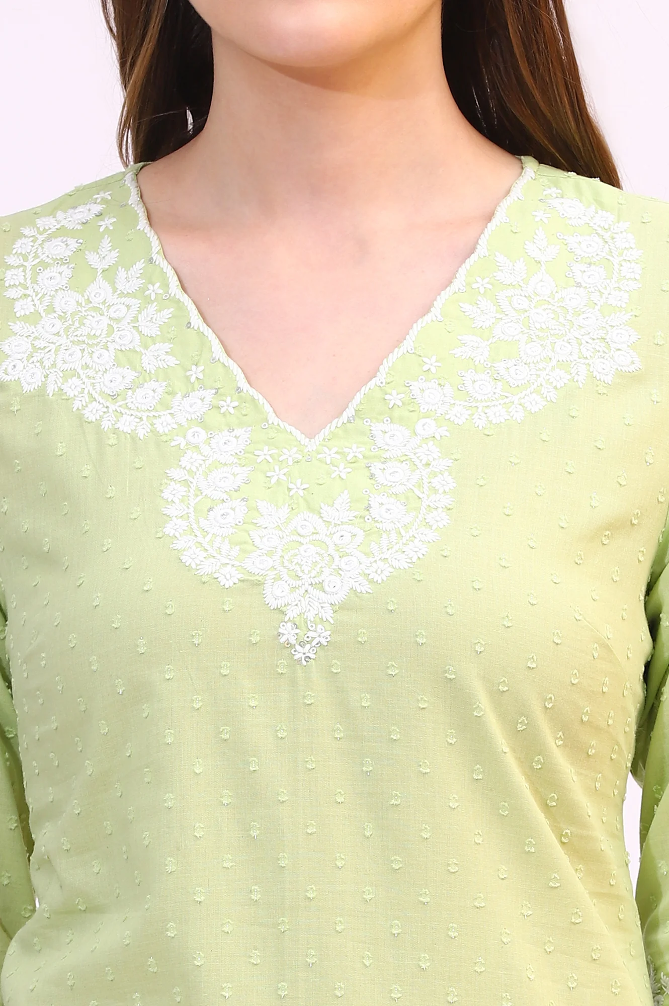 Pistachio Green Mirror Work Pure Cotton Straight Kurta - Image 4