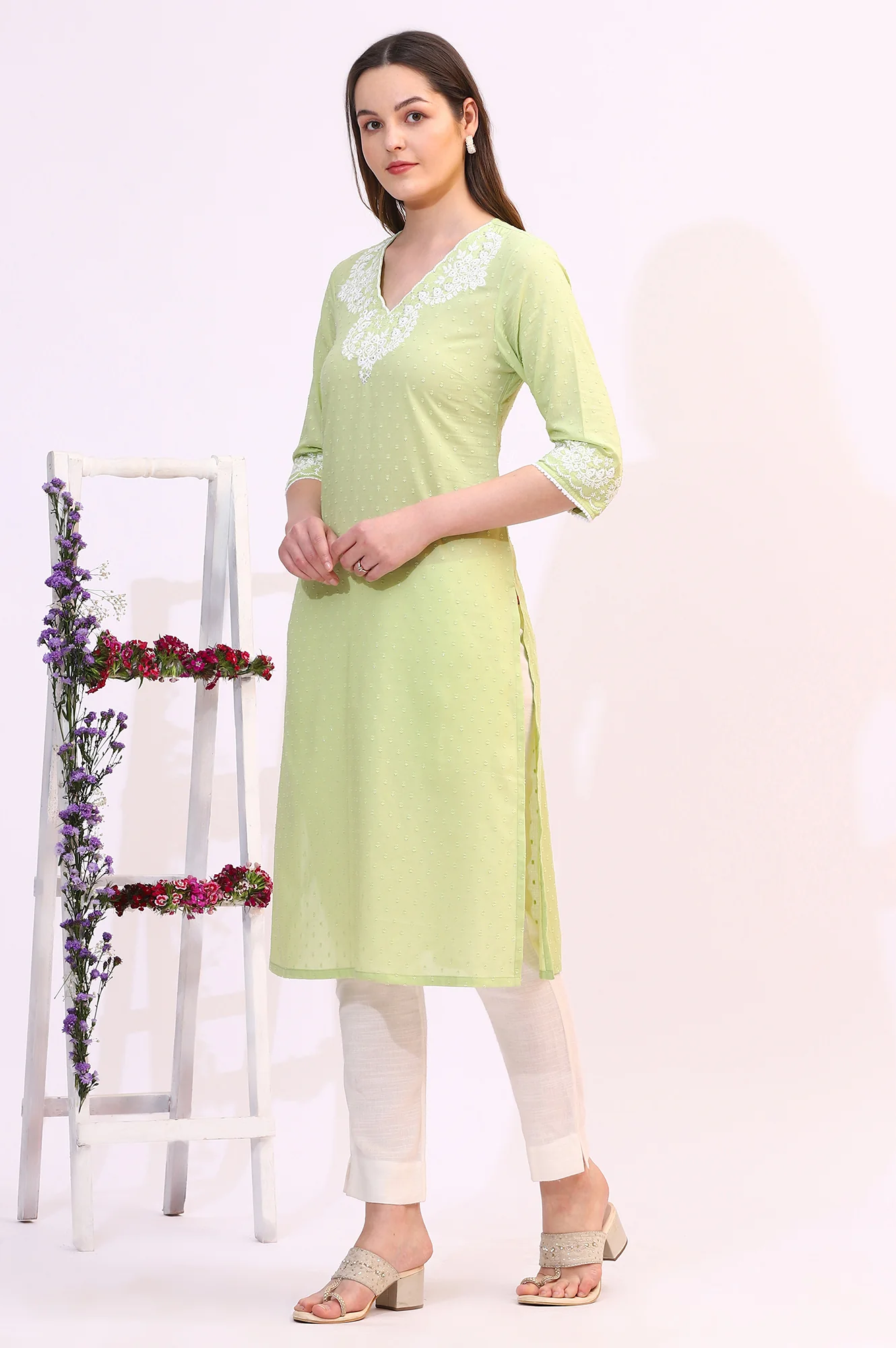 Pistachio Green Mirror Work Pure Cotton Straight Kurta - Image 5