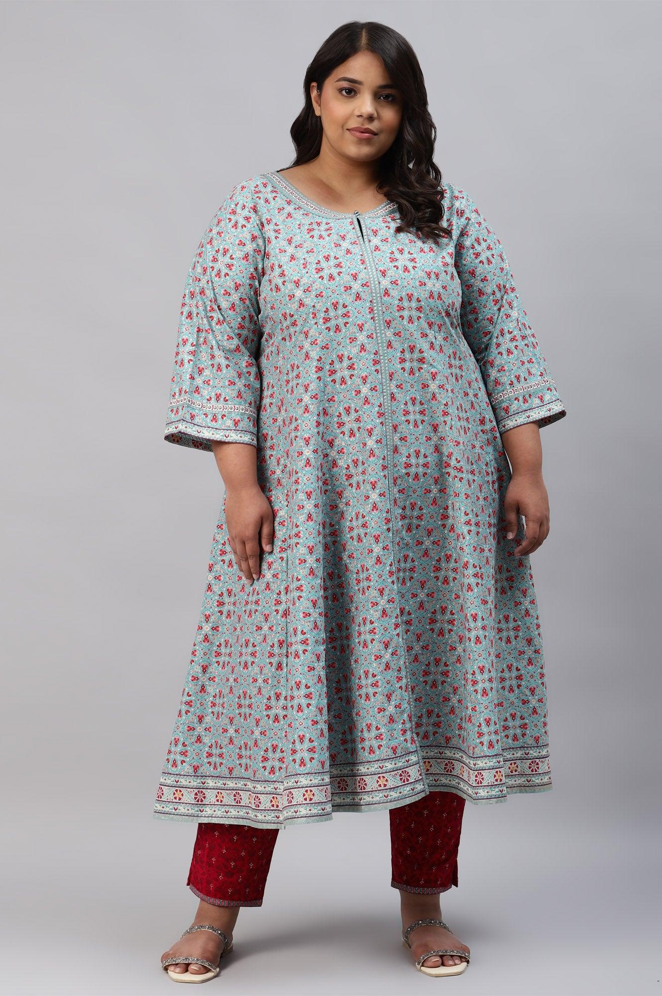Plus Size Aqua Blue Cotton Printed Flared kurta