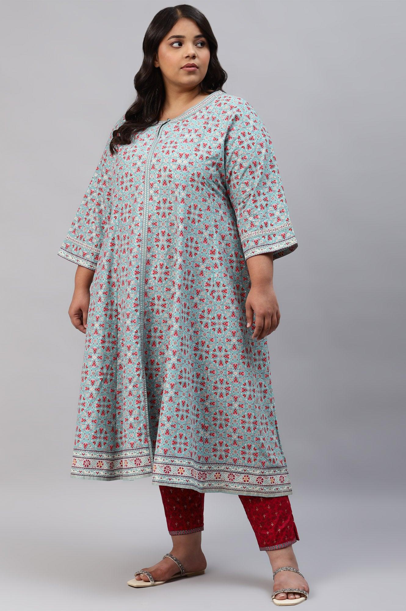 Plus Size Aqua Blue Cotton Printed Flared kurta - Image 3