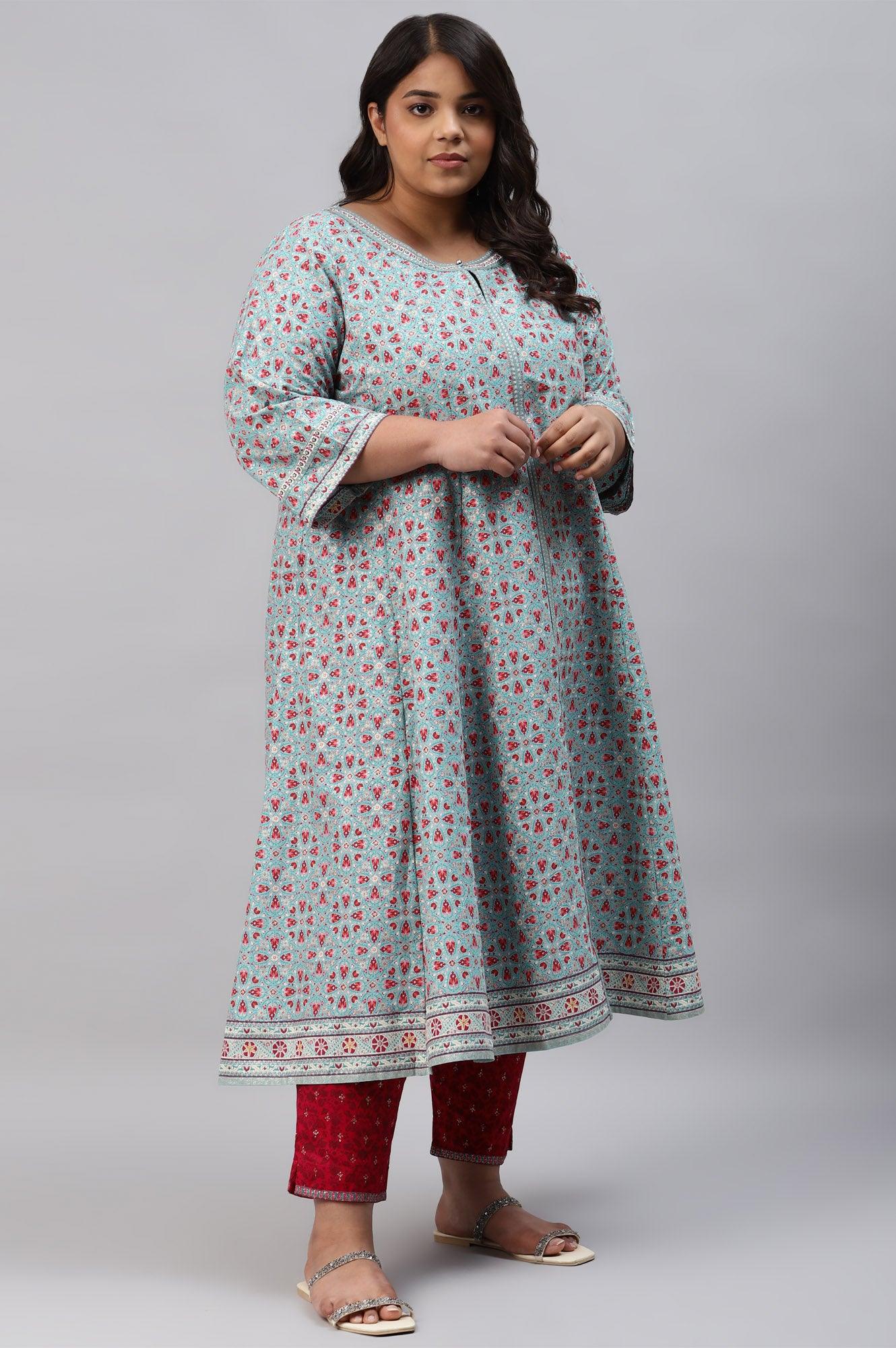 Plus Size Aqua Blue Cotton Printed Flared kurta - Image 4