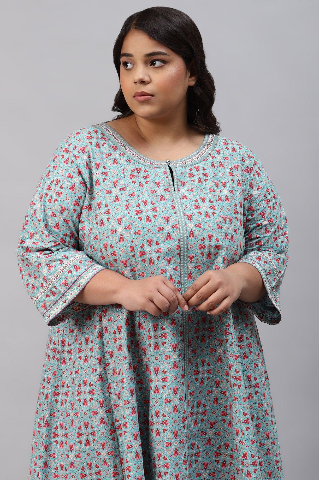 Plus Size Aqua Blue Cotton Printed Flared kurta - Image 5