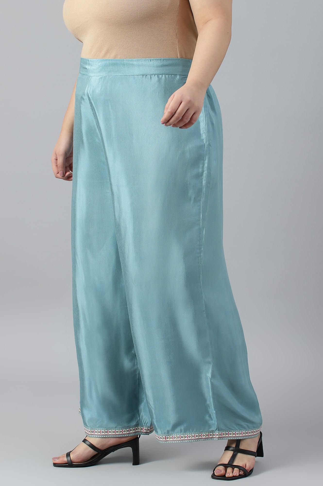 Plus Size Aqua Blue Shantung Straight Parallel Pants - Image 3