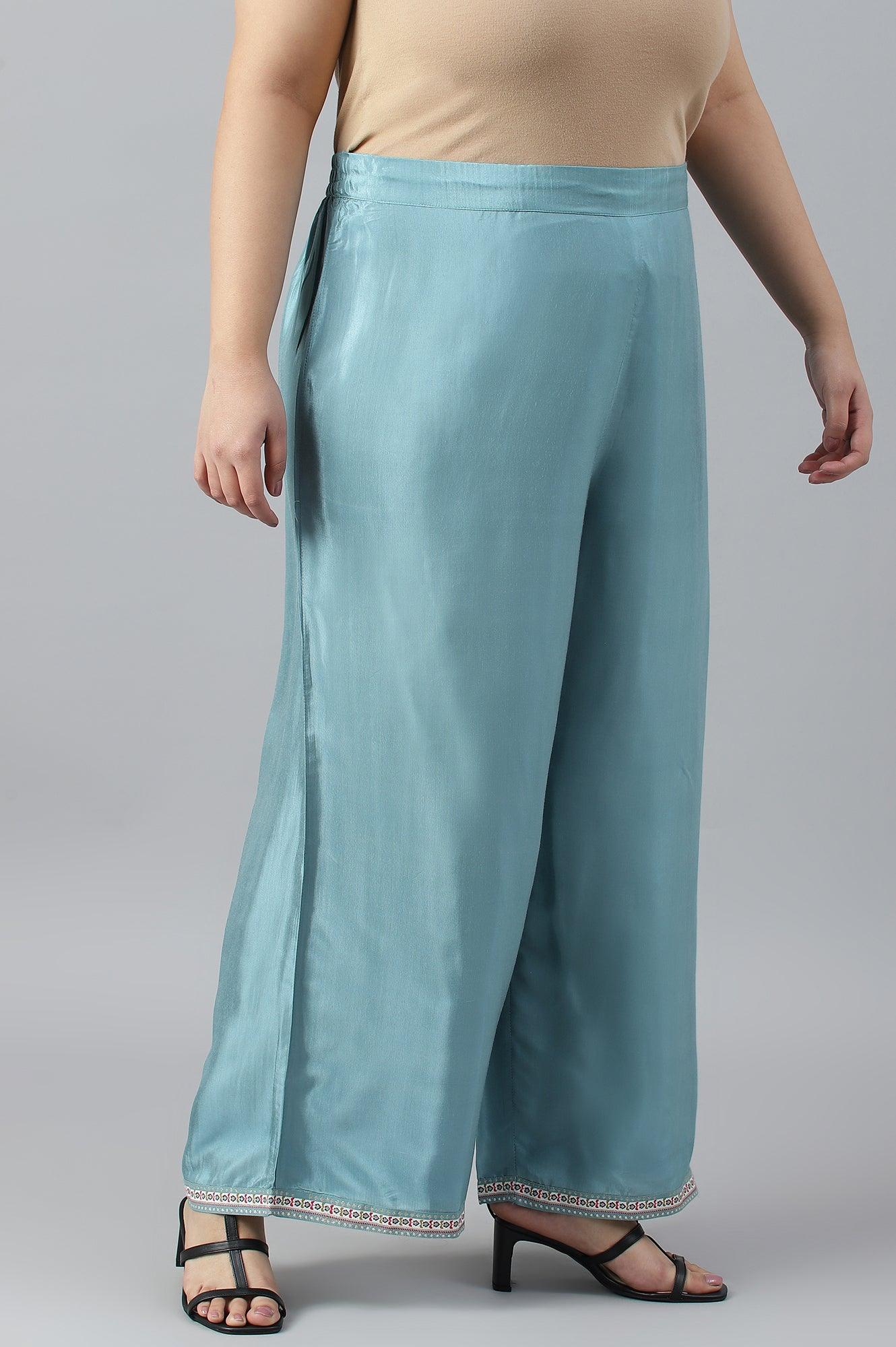 Plus Size Aqua Blue Shantung Straight Parallel Pants - Image 4